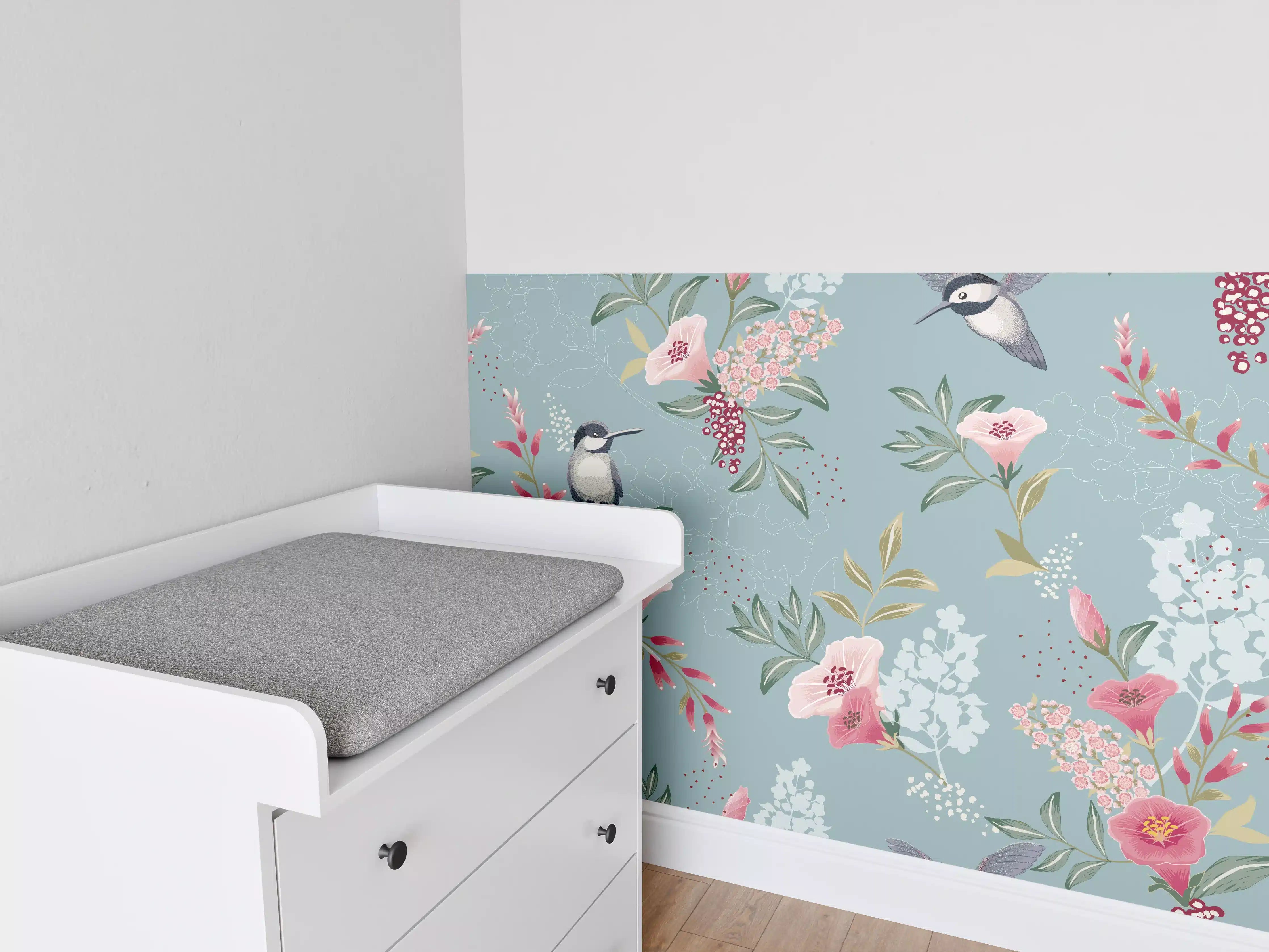 Babyzimmer Wandgestaltung - Florales Muster mit Vögeln Pastell