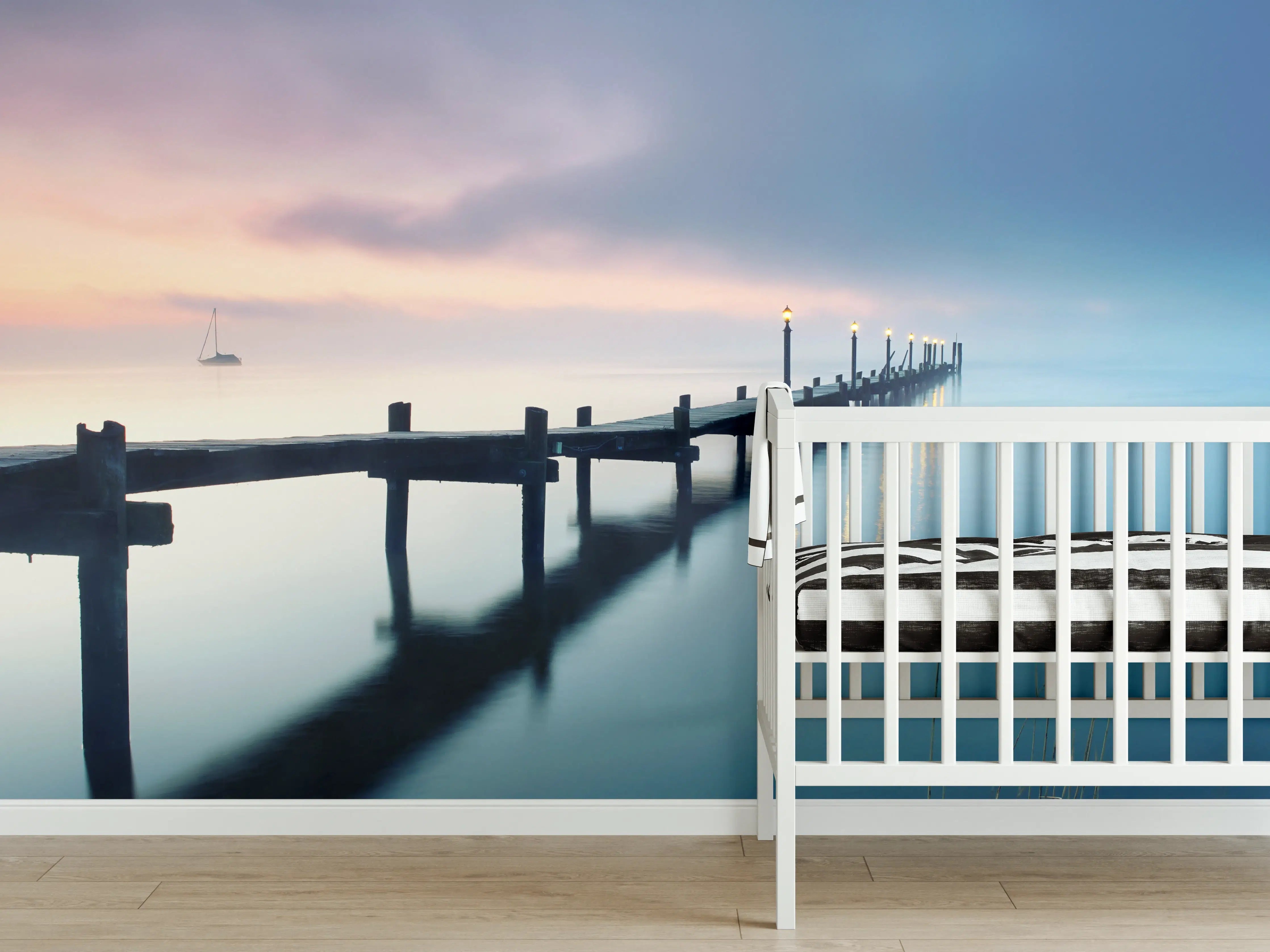 Babyzimmer Wandgestaltung - Friedlicher Meer Steg am Morgen