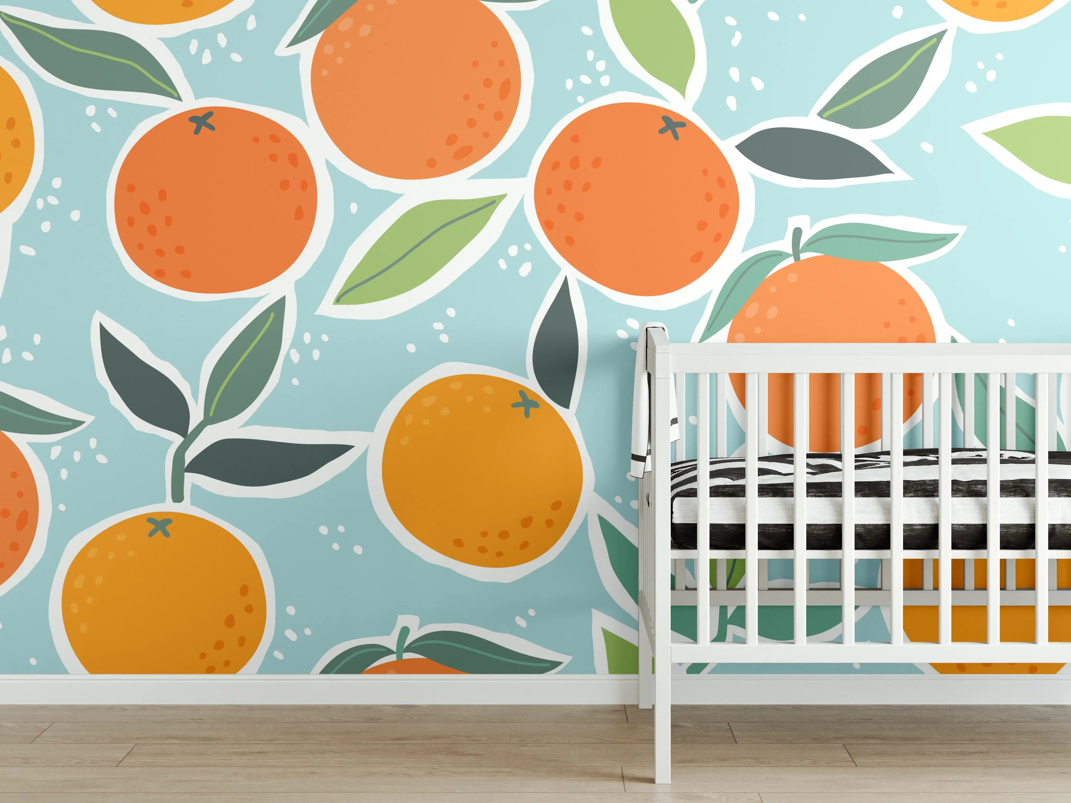 Babyzimmer Wandgestaltung - Frische Orangen mit Blättern auf Himmelblauem Hintergrund
