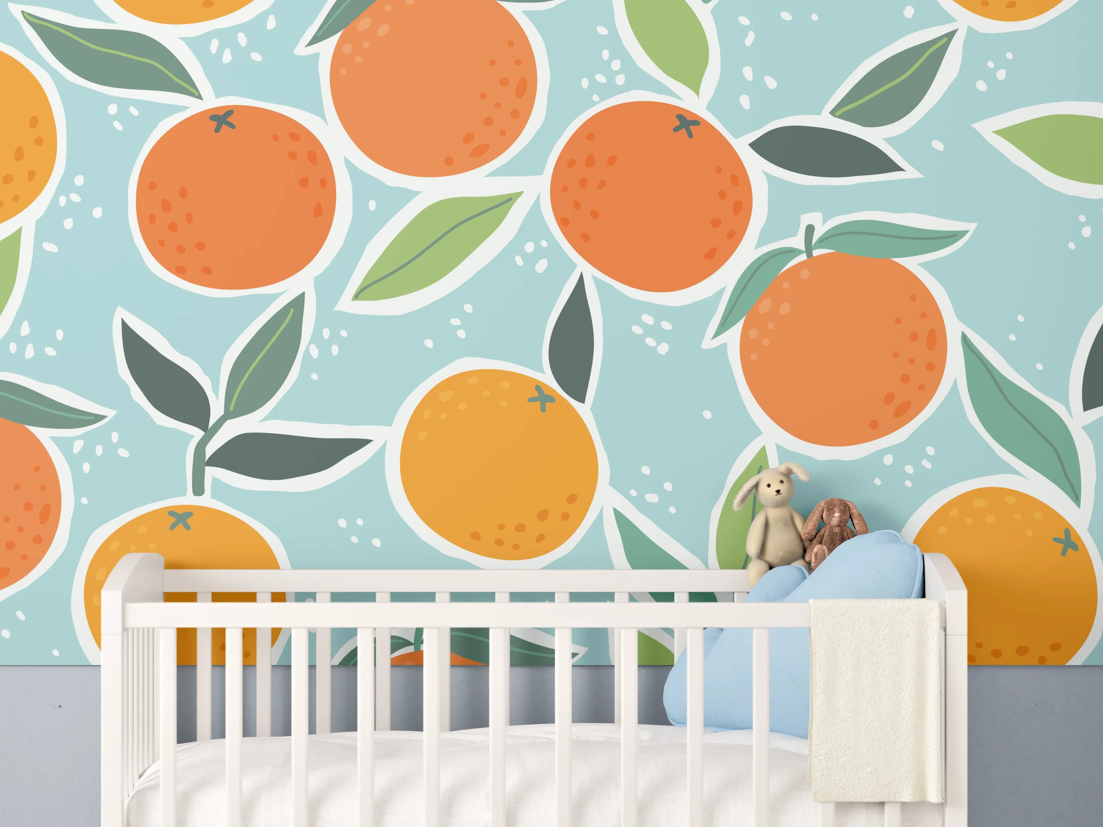 Babyzimmer Wandgestaltung - Frische Orangen mit Blättern auf Himmelblauem Hintergrund