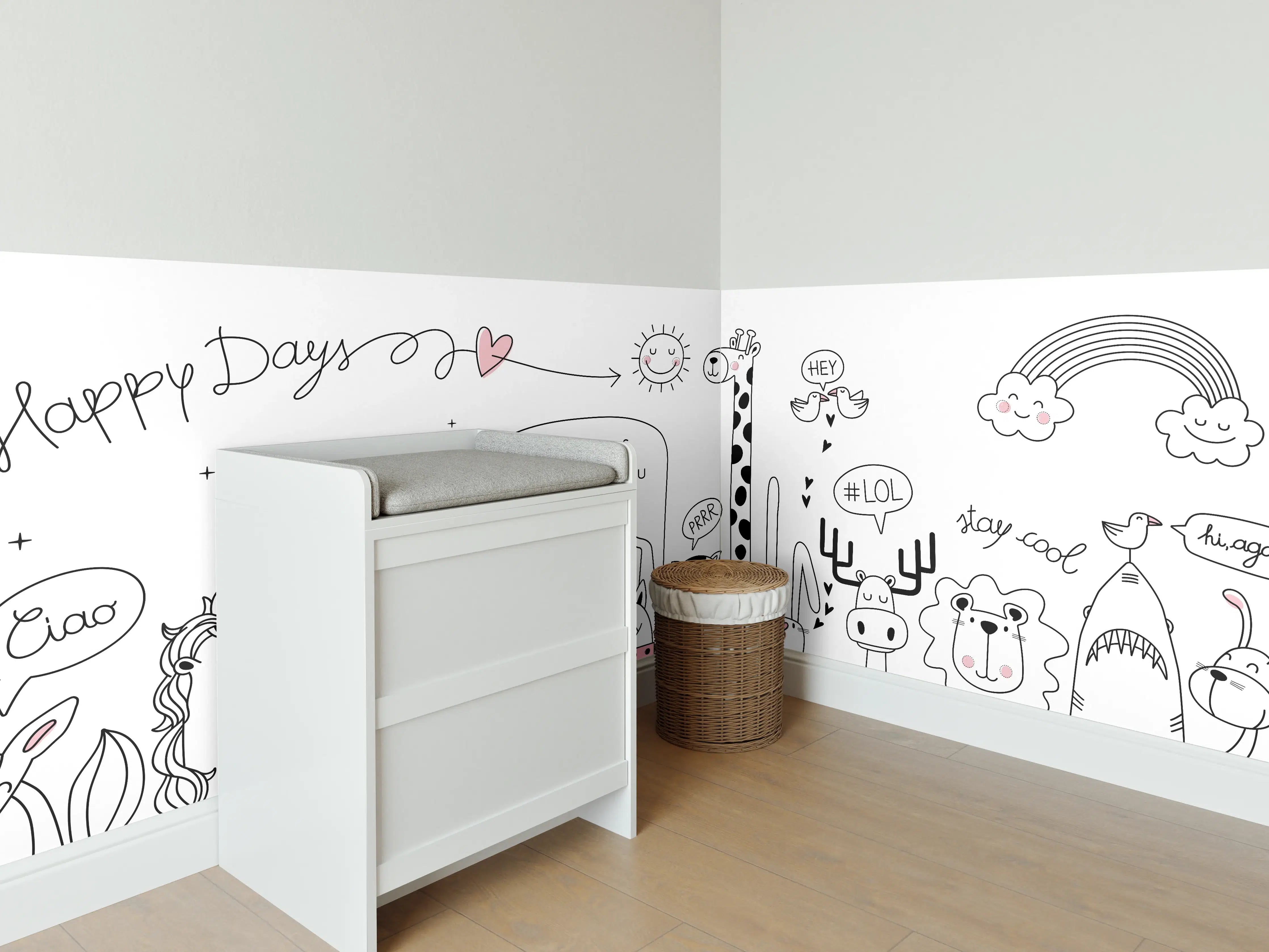 Babyzimmer Wandgestaltung - Fröhliche Tiermotive Schwarz-Weiß