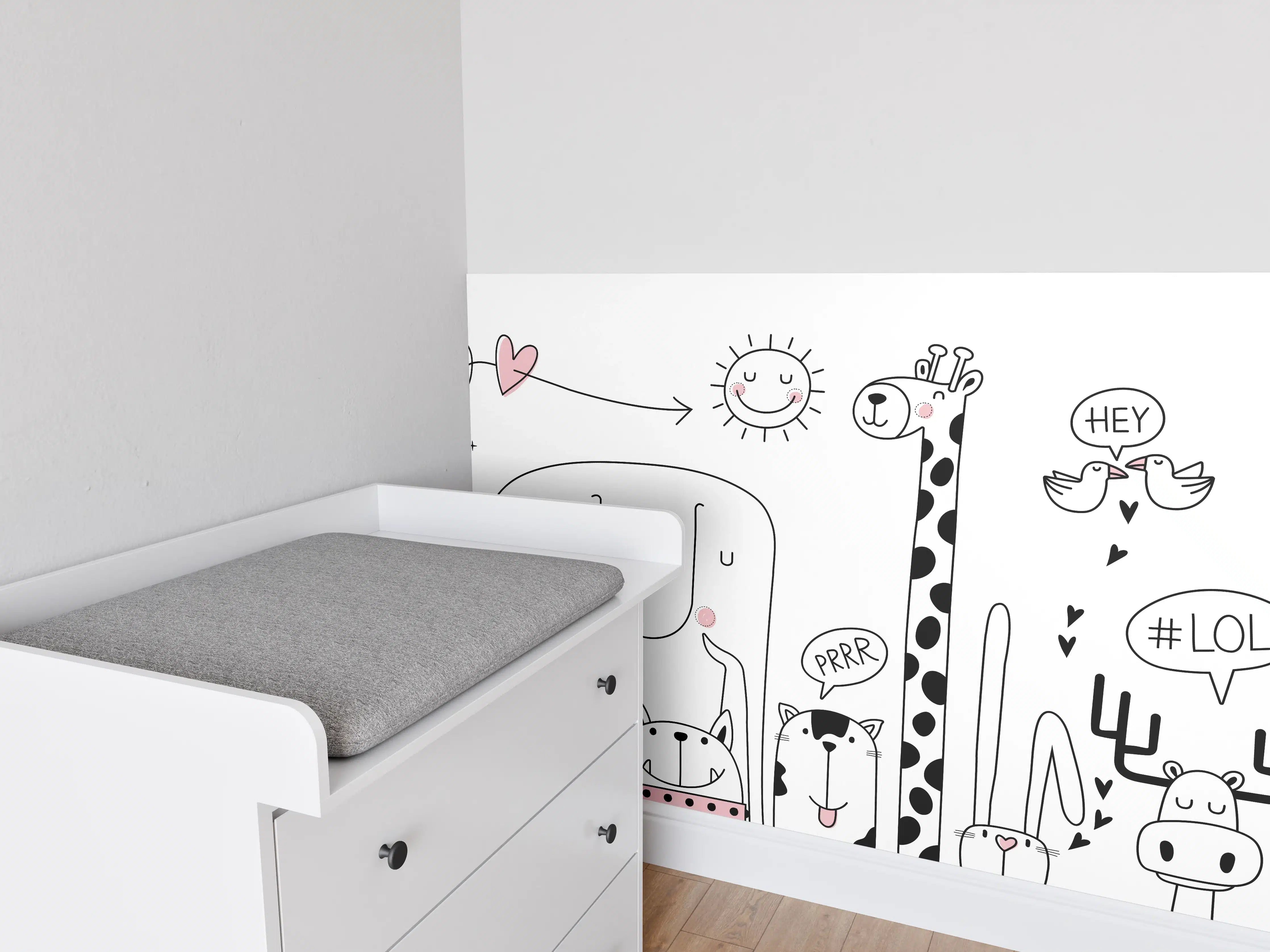 Babyzimmer Wandgestaltung - Fröhliche Tiermotive Schwarz-Weiß