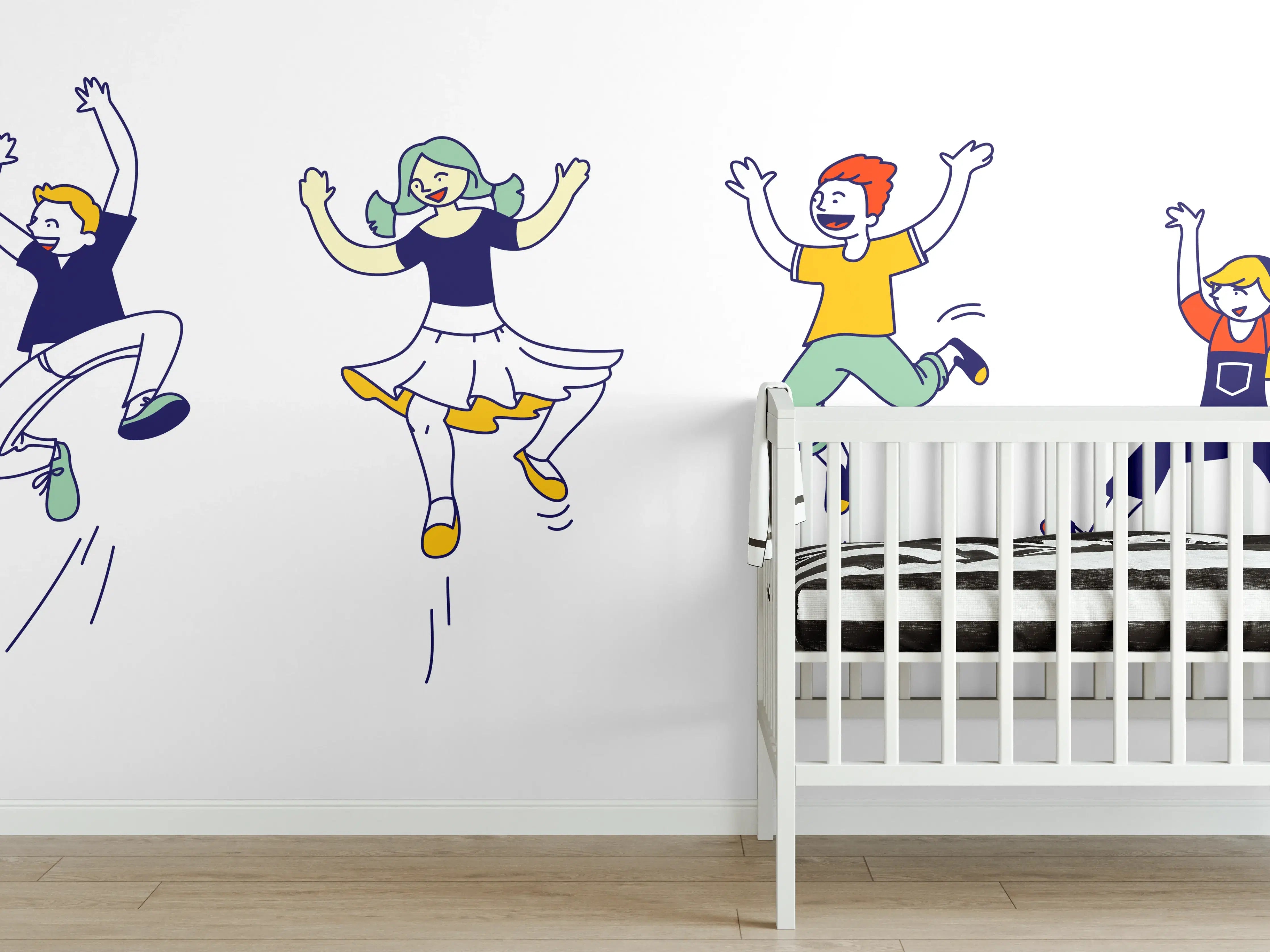 Babyzimmer Wandgestaltung - Fröhliche tanzende Figuren in bunten Farben