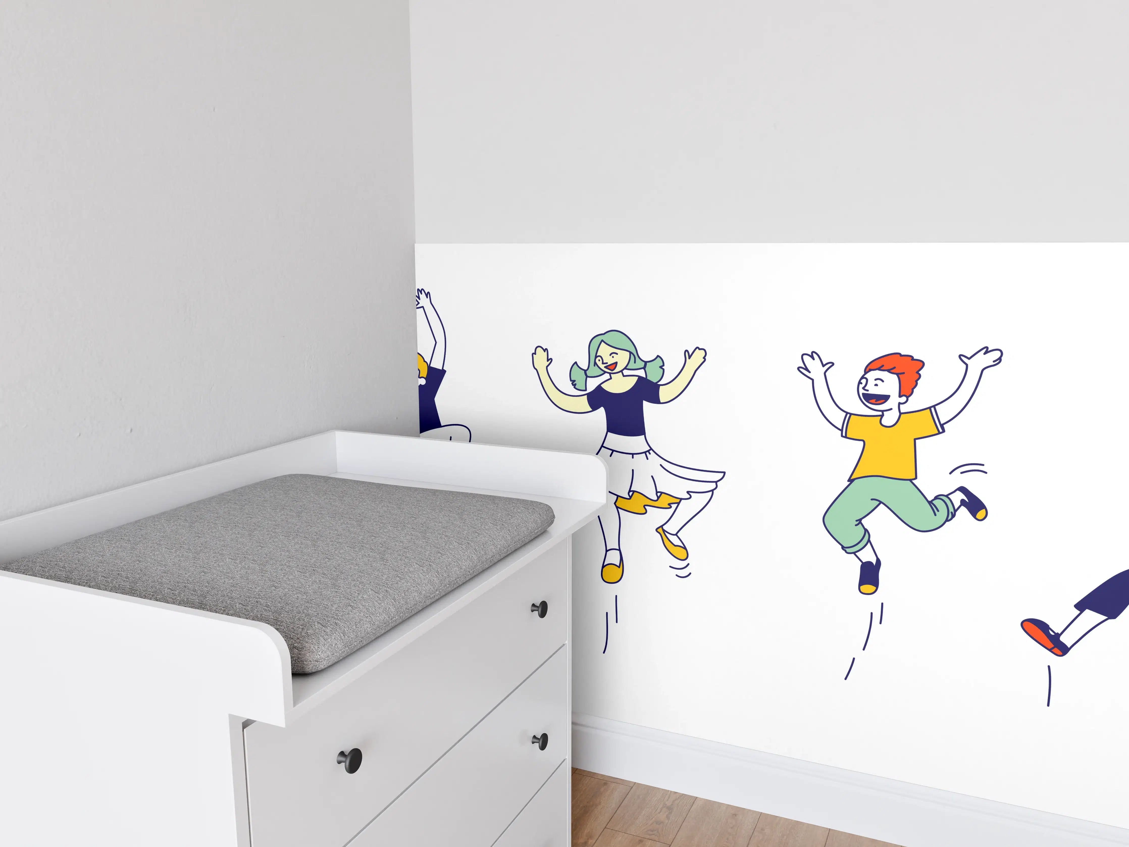 Babyzimmer Wandgestaltung - Fröhliche tanzende Figuren in bunten Farben