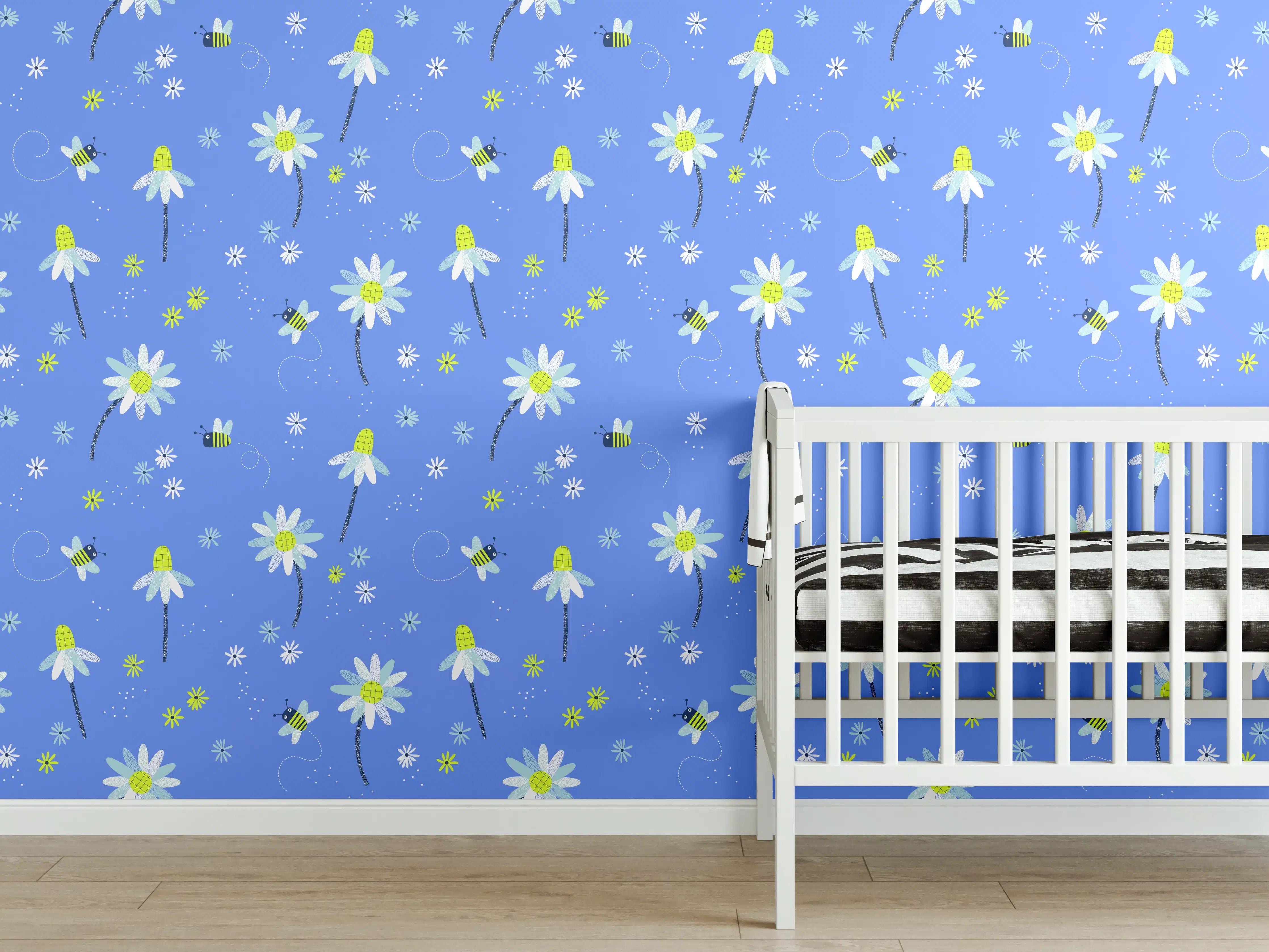 Babyzimmer Wandgestaltung - Fröhliches Gänseblümchen-Muster auf Blau