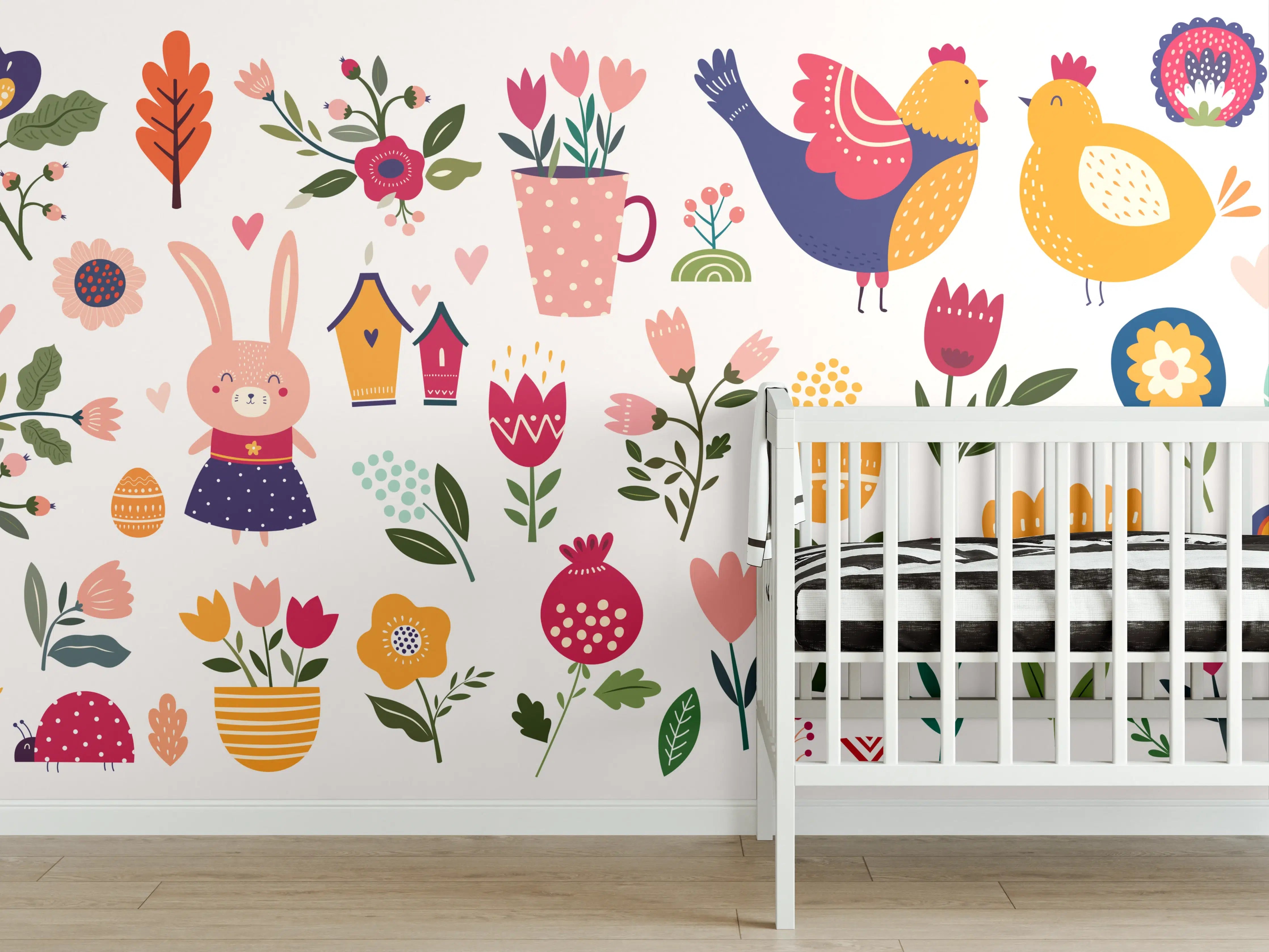 Babyzimmer Wandgestaltung - Frühlingsfarben: Blumen und Tiere in Grau und Weiß