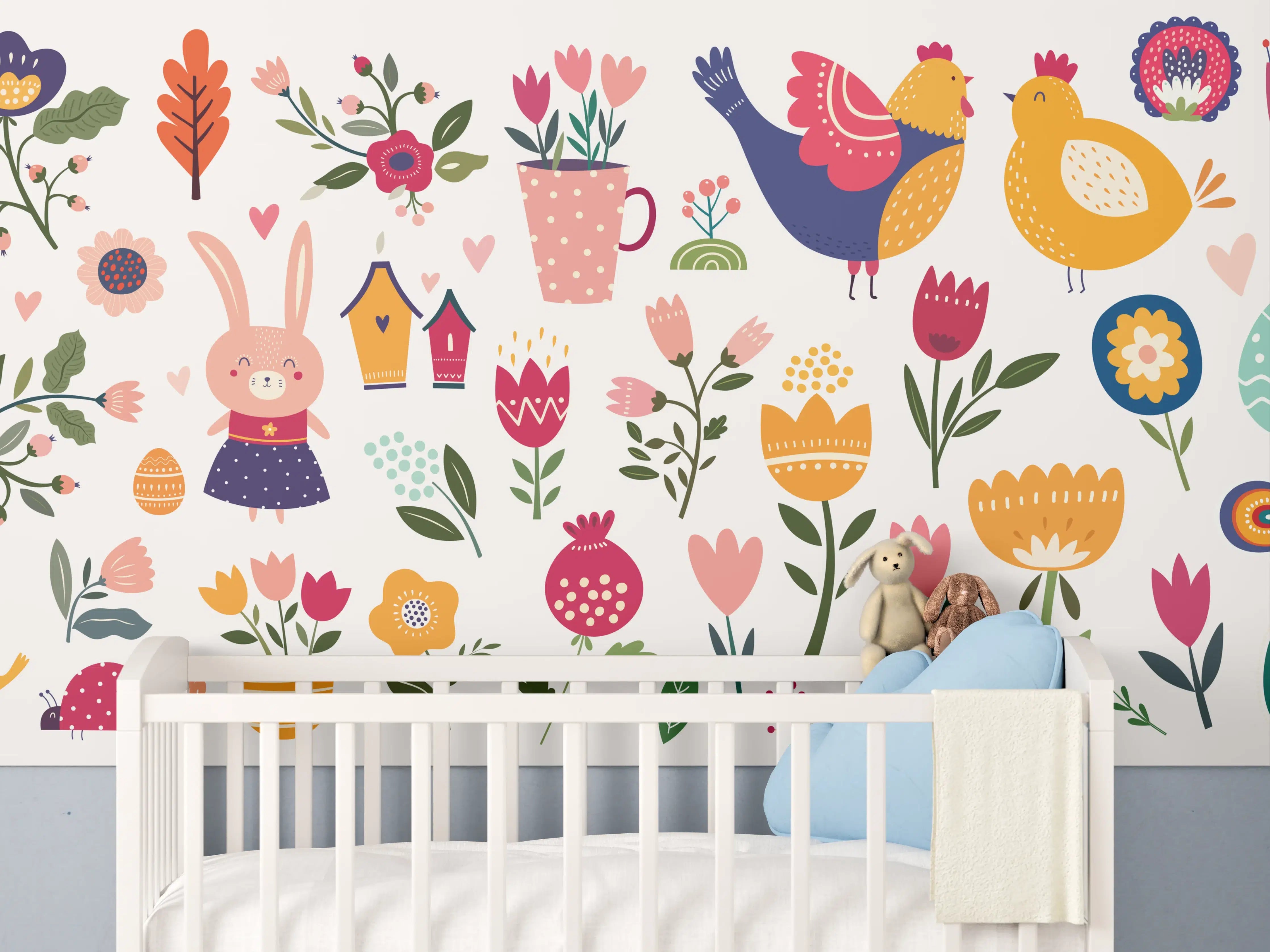 Babyzimmer Wandgestaltung - Frühlingsfarben: Blumen und Tiere in Grau und Weiß