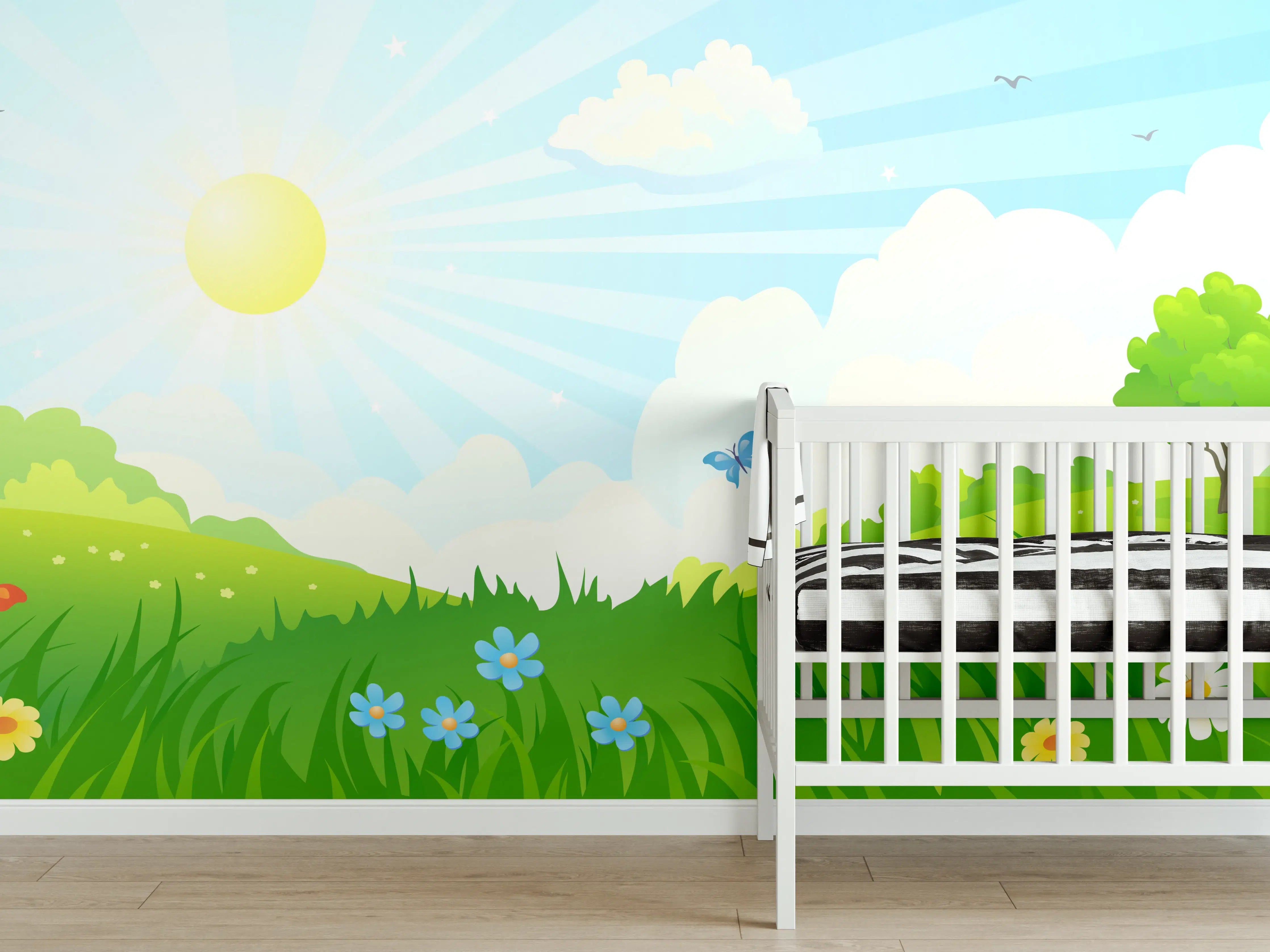 Babyzimmer Wandgestaltung - Frühlingshafte Wiesenidylle mit Sonnenstrahlen und Blumen