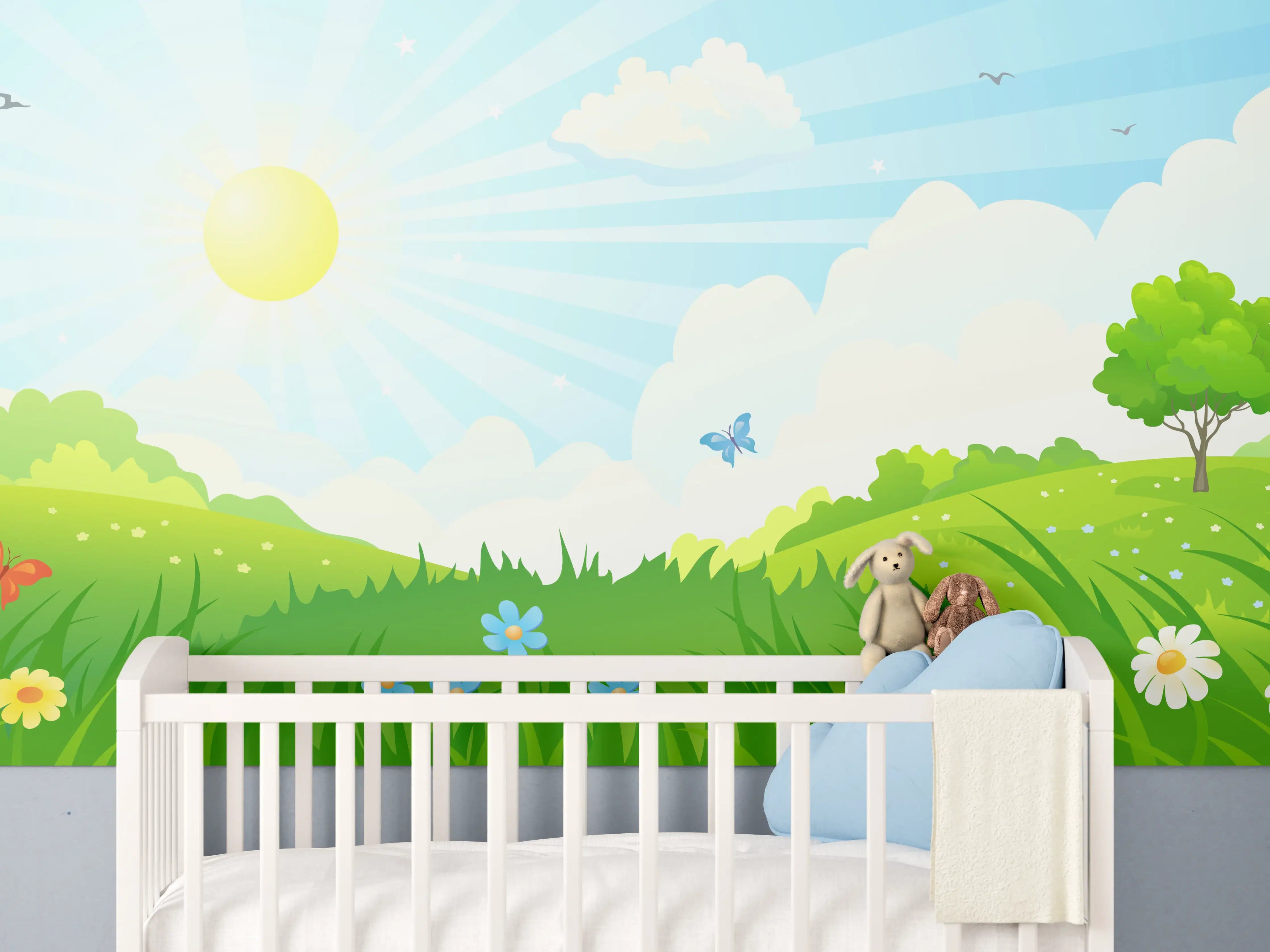 Babyzimmer Wandgestaltung - Frühlingshafte Wiesenidylle mit Sonnenstrahlen und Blumen
