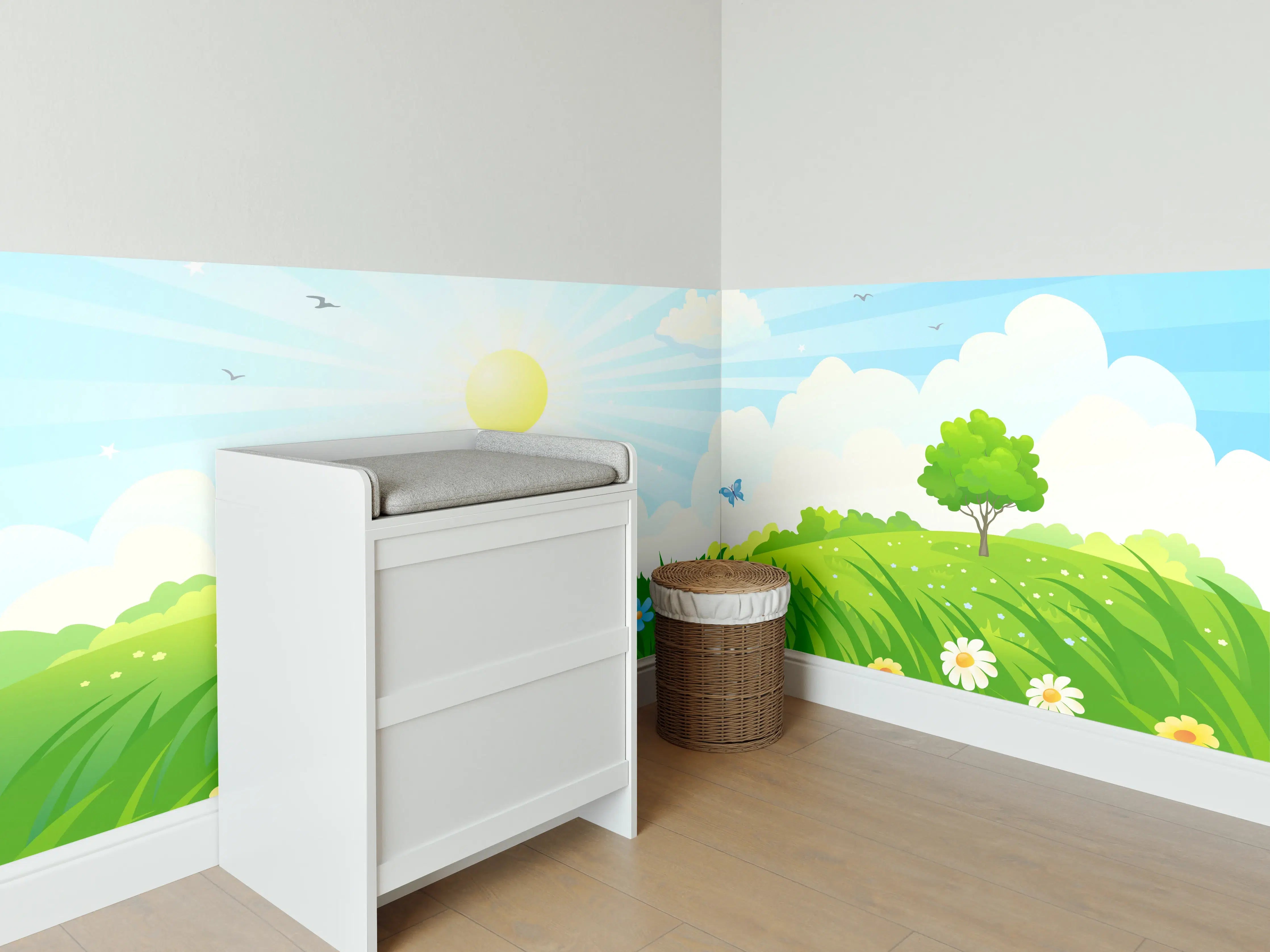 Babyzimmer Wandgestaltung - Frühlingshafte Wiesenidylle mit Sonnenstrahlen und Blumen