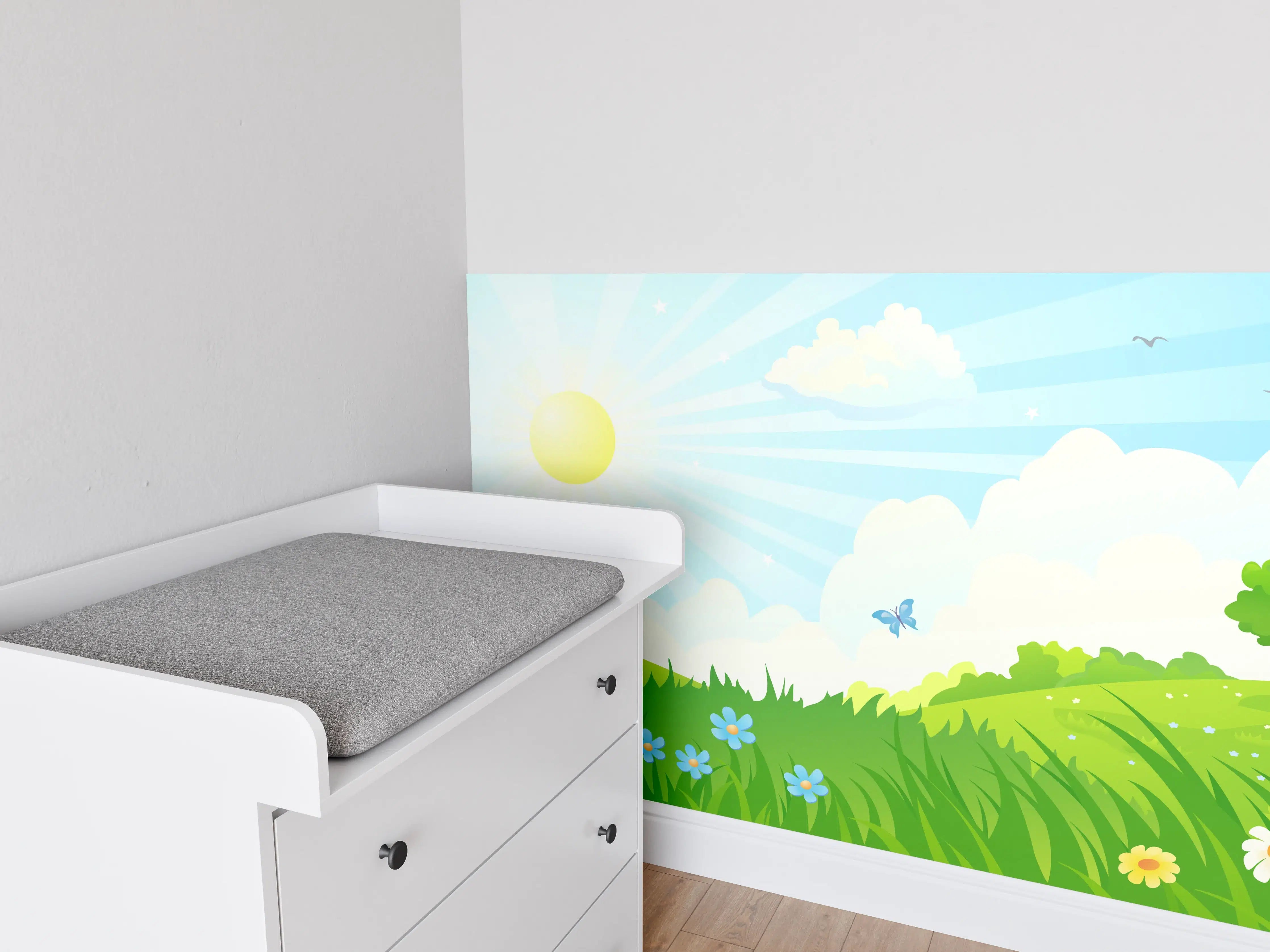 Babyzimmer Wandgestaltung - Frühlingshafte Wiesenidylle mit Sonnenstrahlen und Blumen