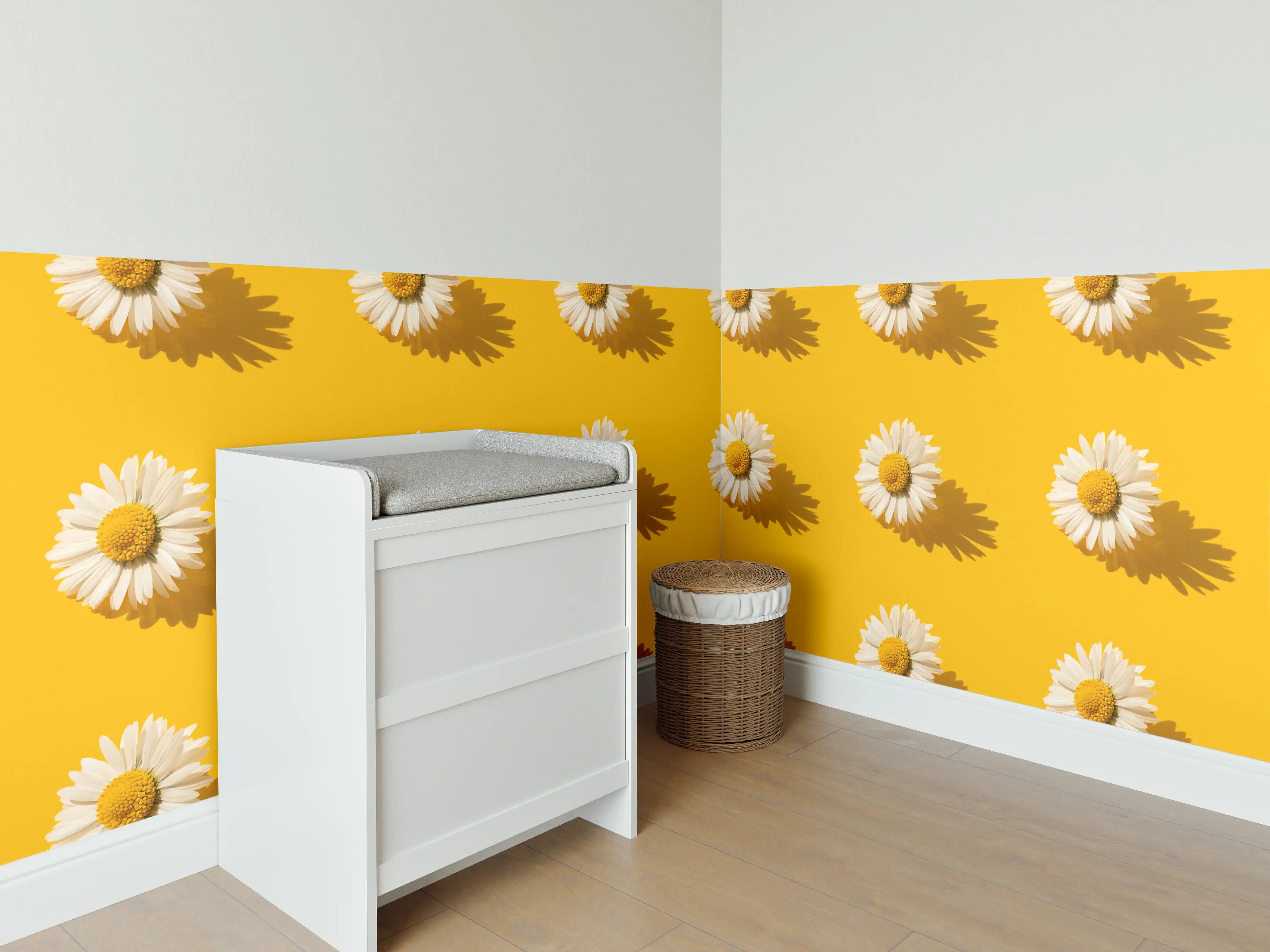 Babyzimmer Wandgestaltung - Gänseblümchen Muster auf gelbem Hintergrund