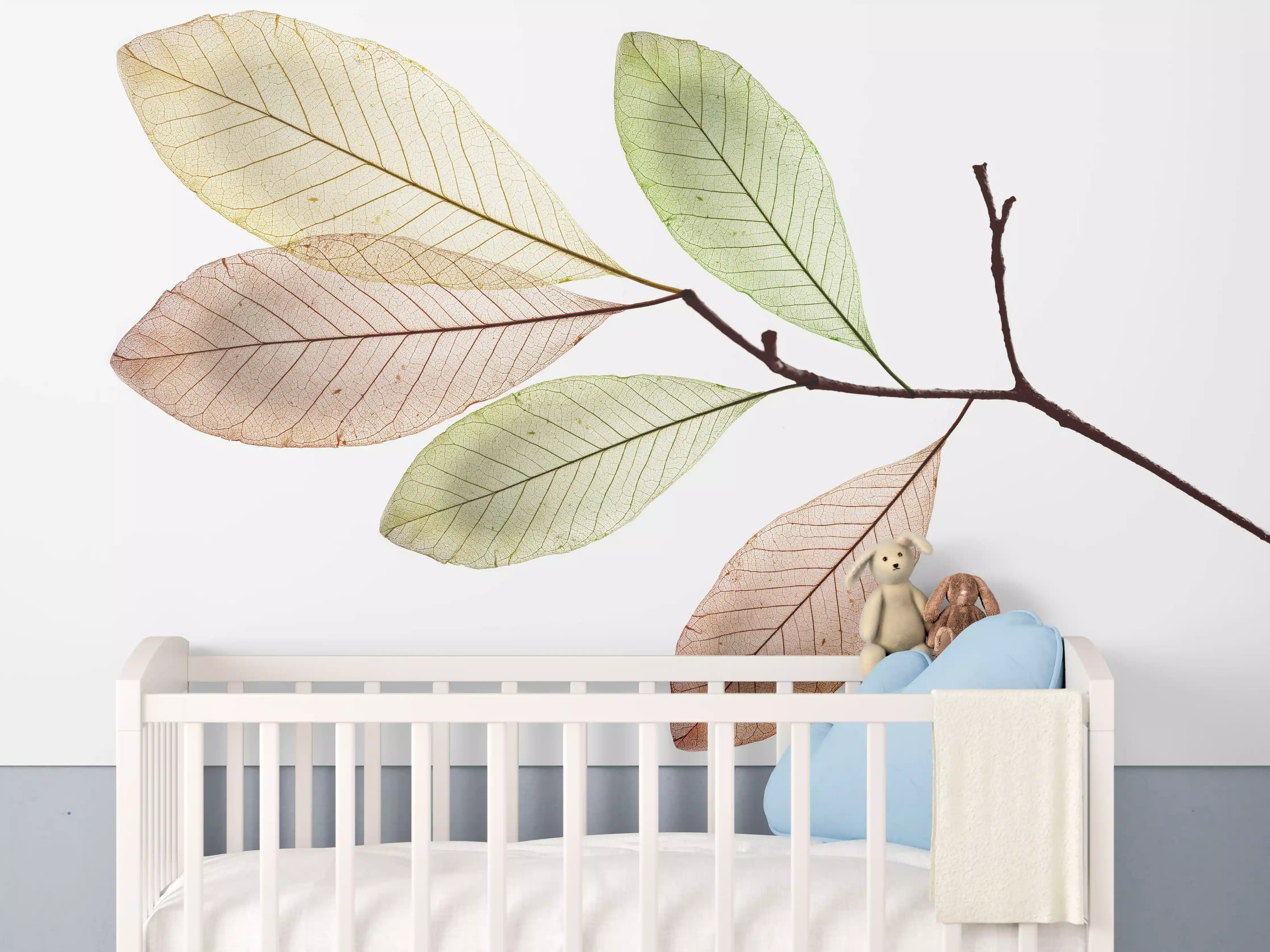 Babyzimmer Wandgestaltung - Gedämpfte grüne und pastellfarbene Blätter