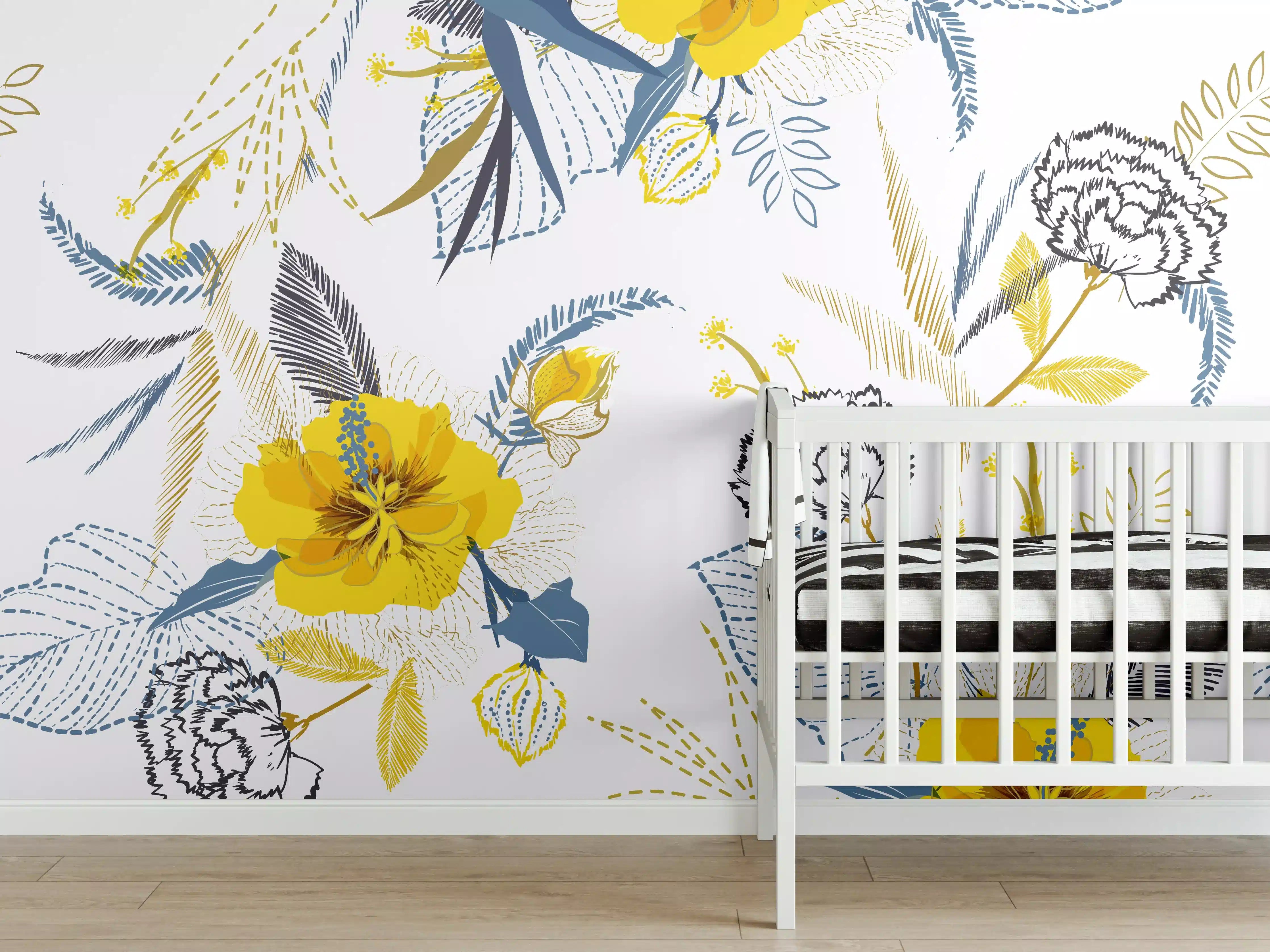 Babyzimmer Wandgestaltung - Gelb-Weißes Blumenmuster