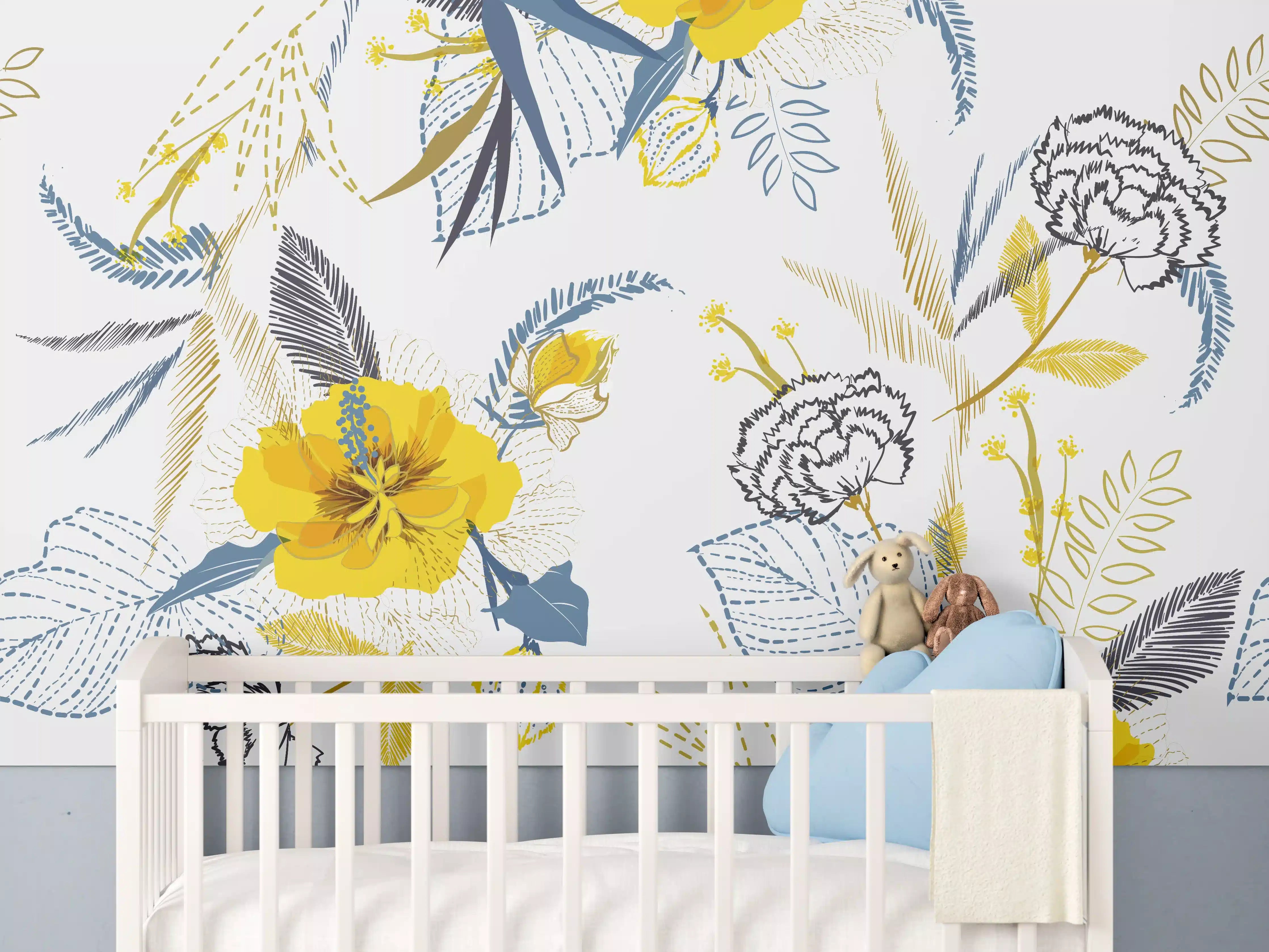Babyzimmer Wandgestaltung - Gelb-Weißes Blumenmuster