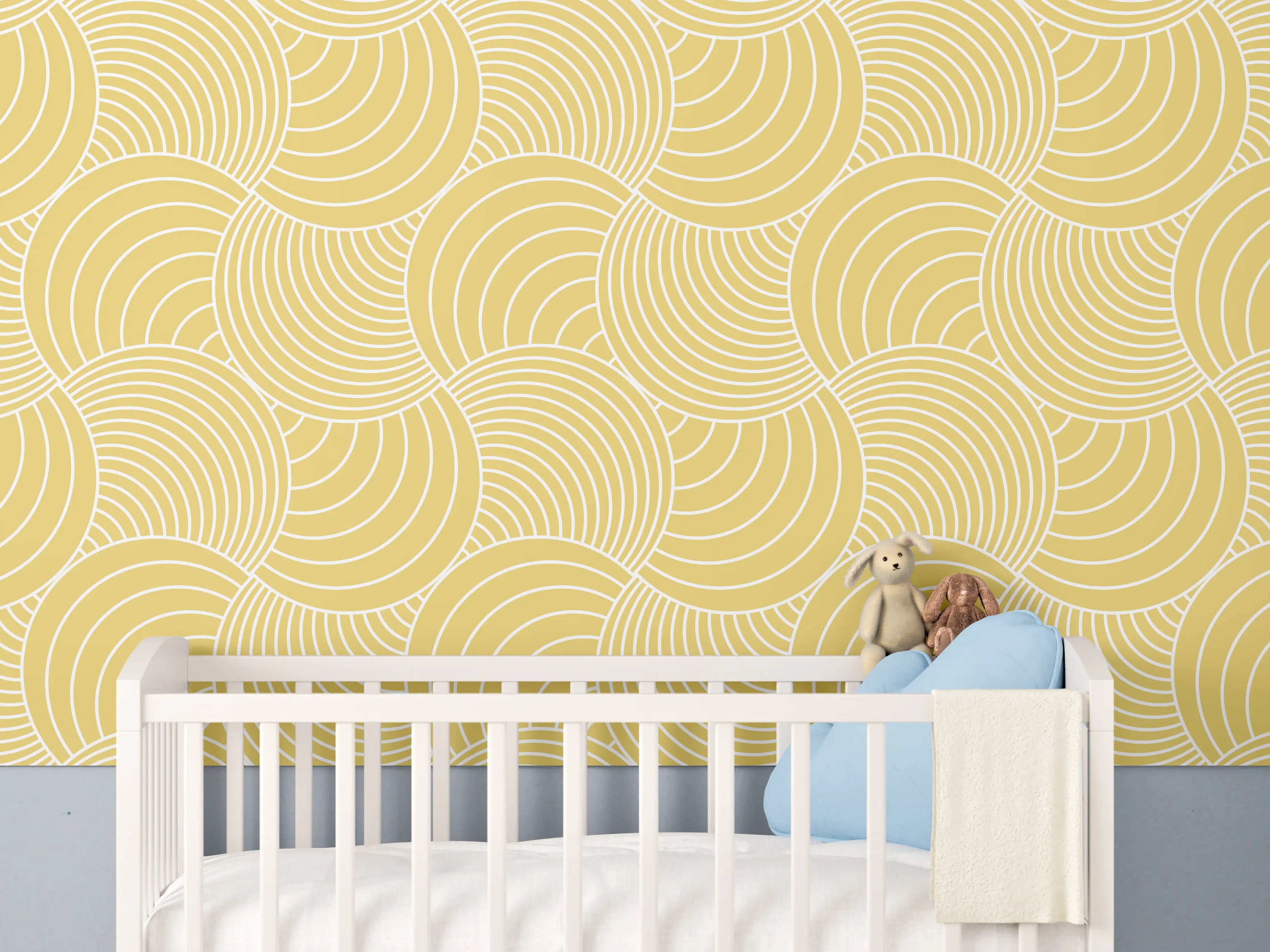 Babyzimmer Wandgestaltung - Gelbes Wellenmuster mit Goldakzenten