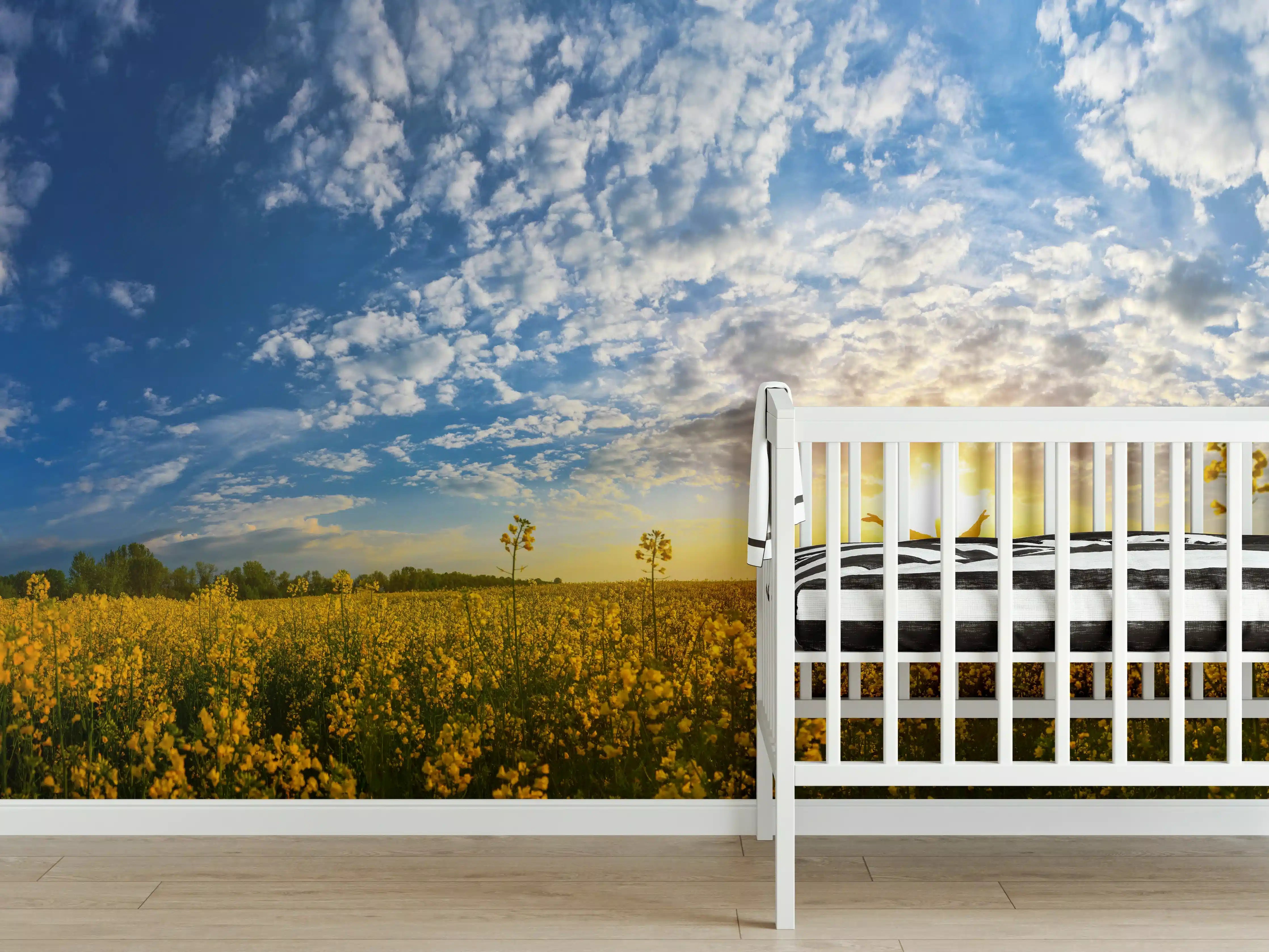Babyzimmer Wandgestaltung - Gelbliches Blumenfeld am Morgen