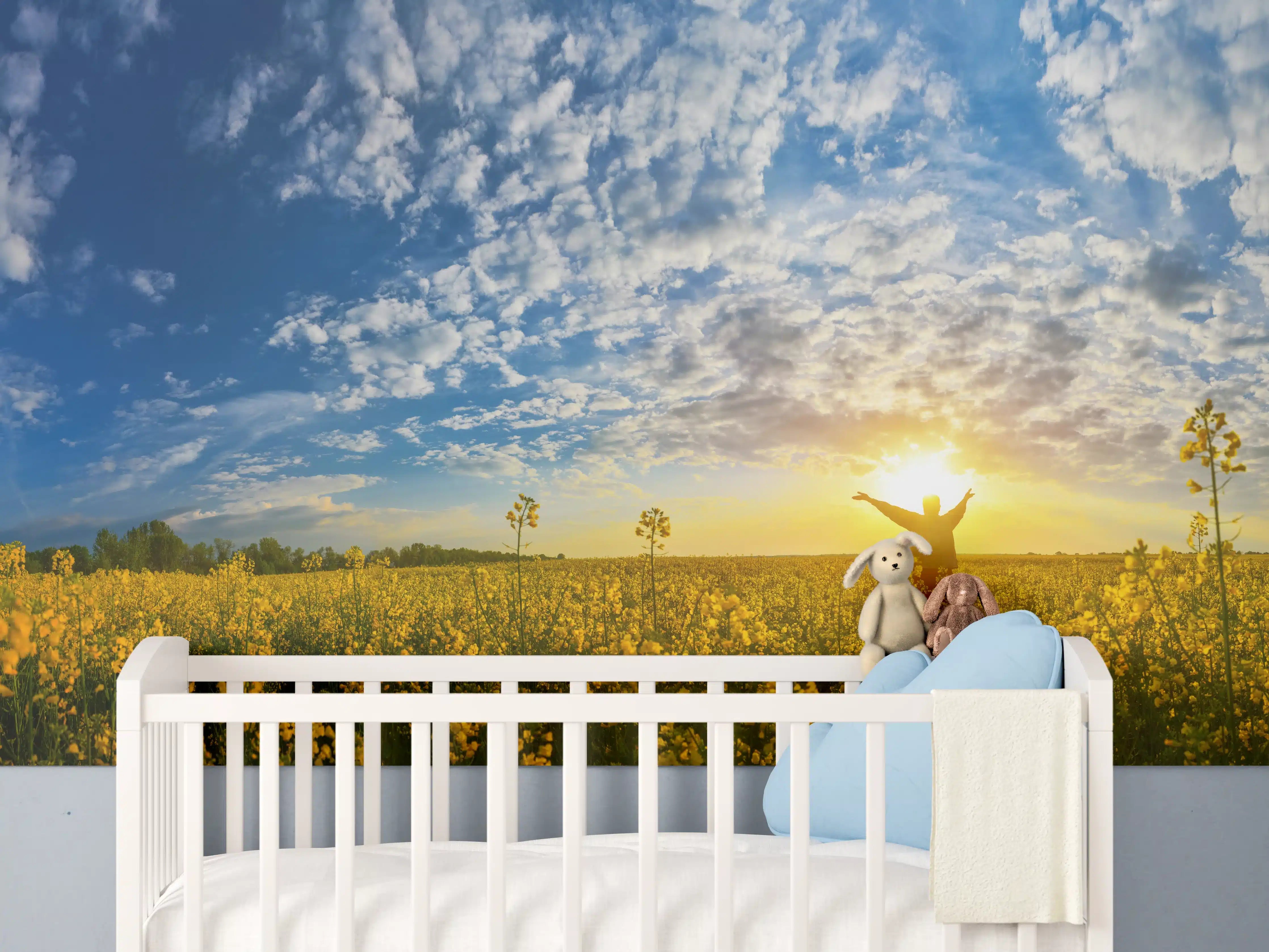 Babyzimmer Wandgestaltung - Gelbliches Blumenfeld am Morgen