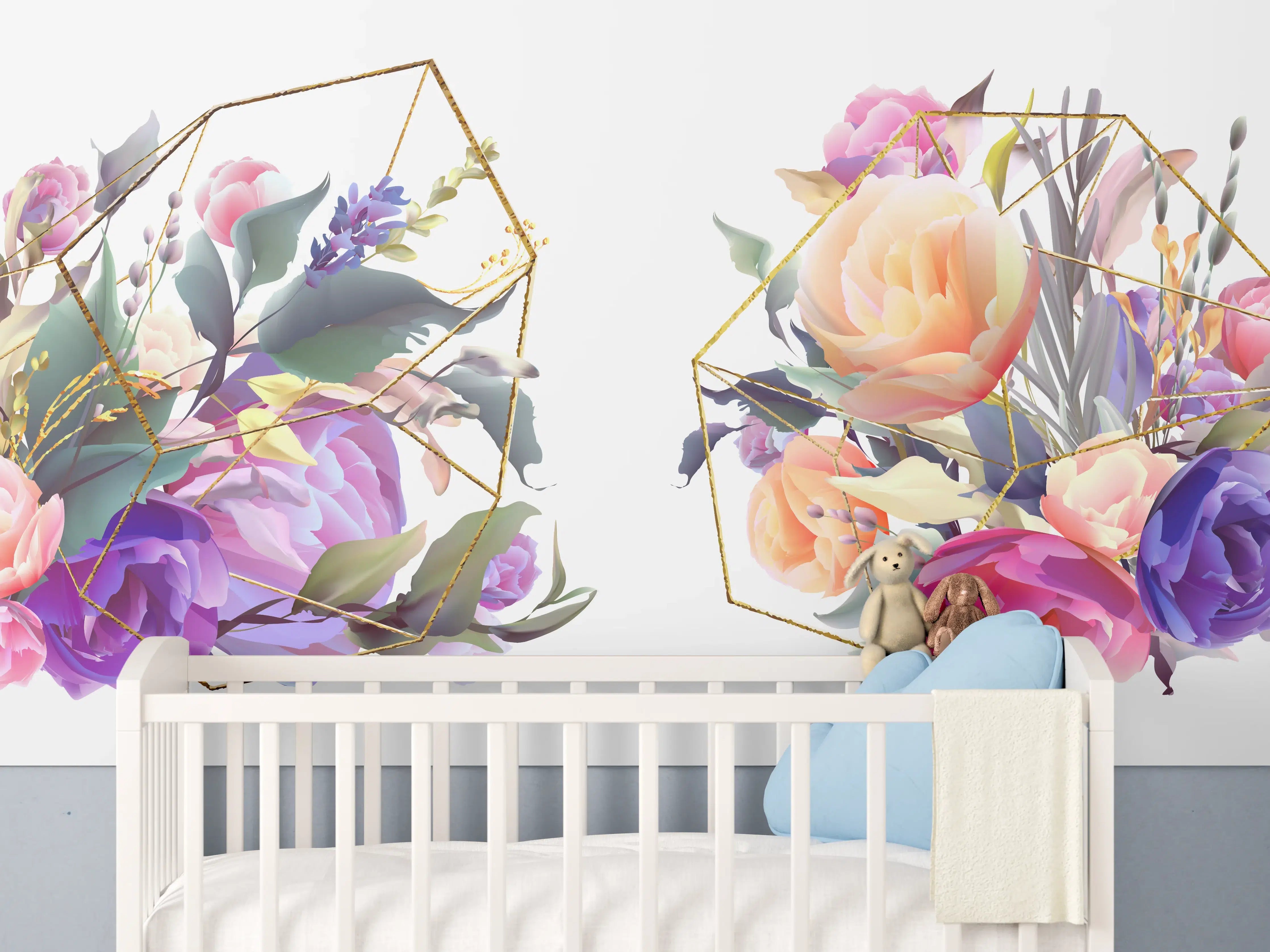 Babyzimmer Wandgestaltung - Geometrische Blumen Goldglanz