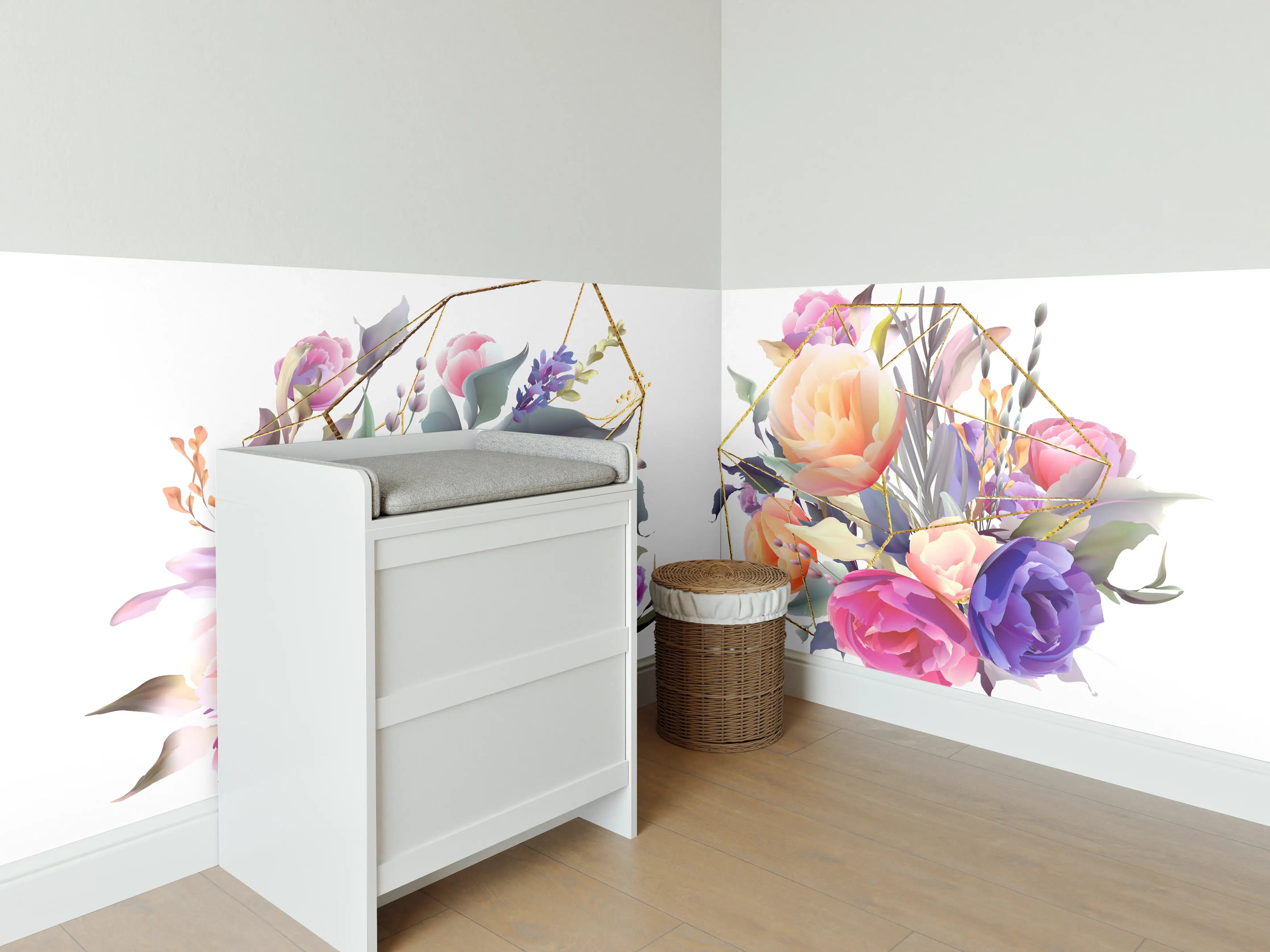 Babyzimmer Wandgestaltung - Geometrische Blumen Goldglanz