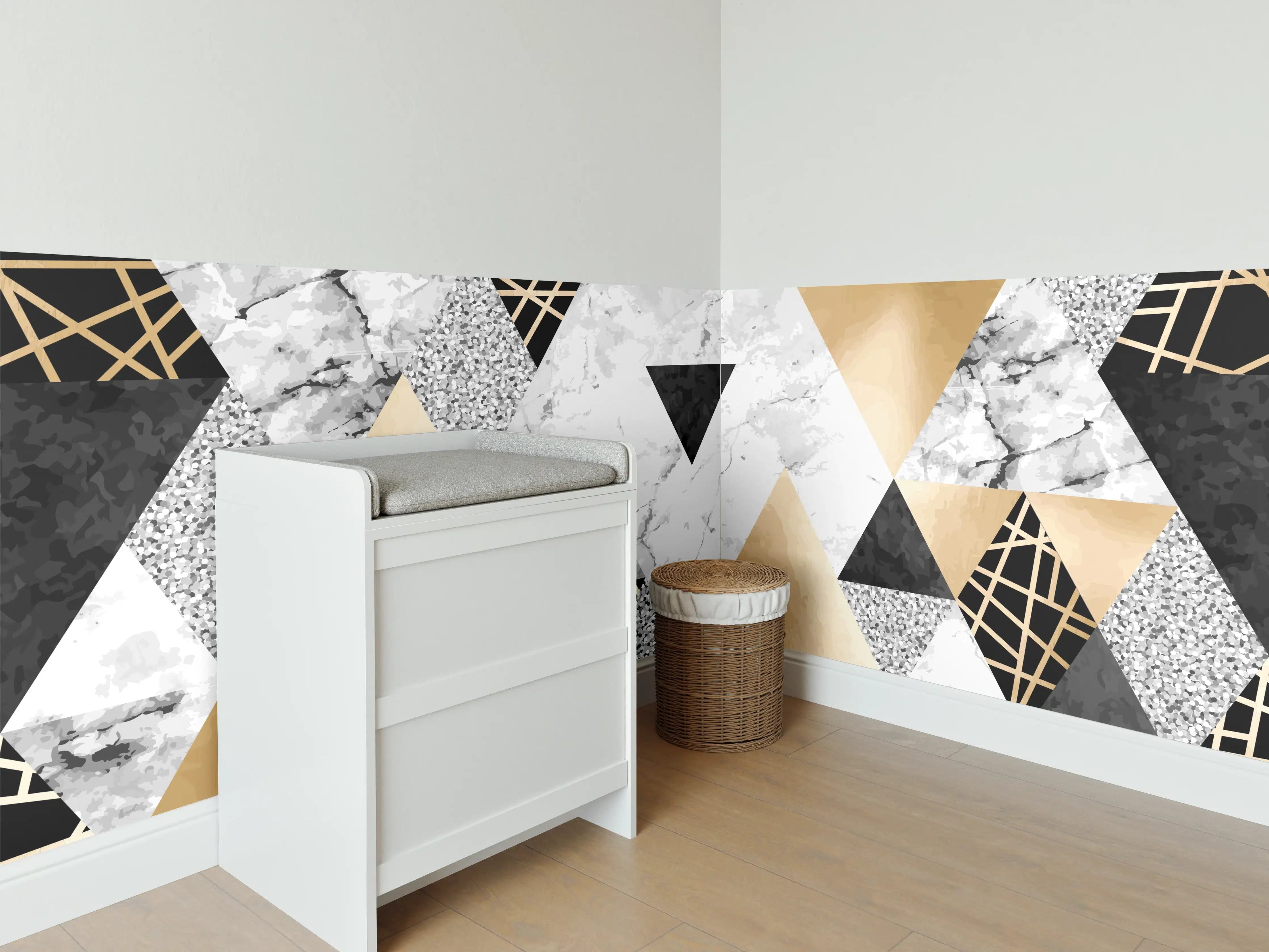 Babyzimmer Wandgestaltung - Geometrische Gold-Schwarz-Weiß-Muster