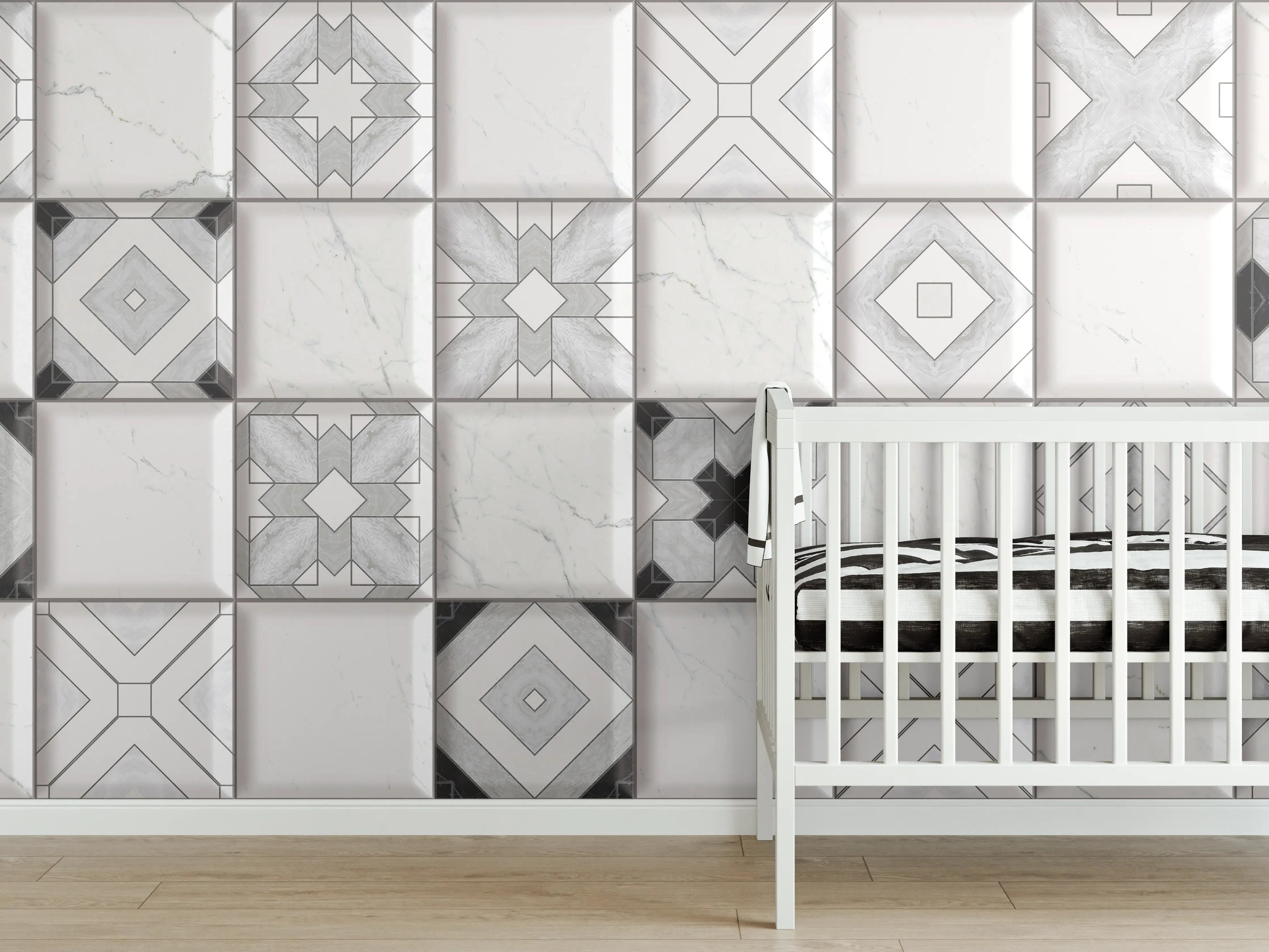 Babyzimmer Wandgestaltung - Geometrische Weiß-Grau Wandfliesen
