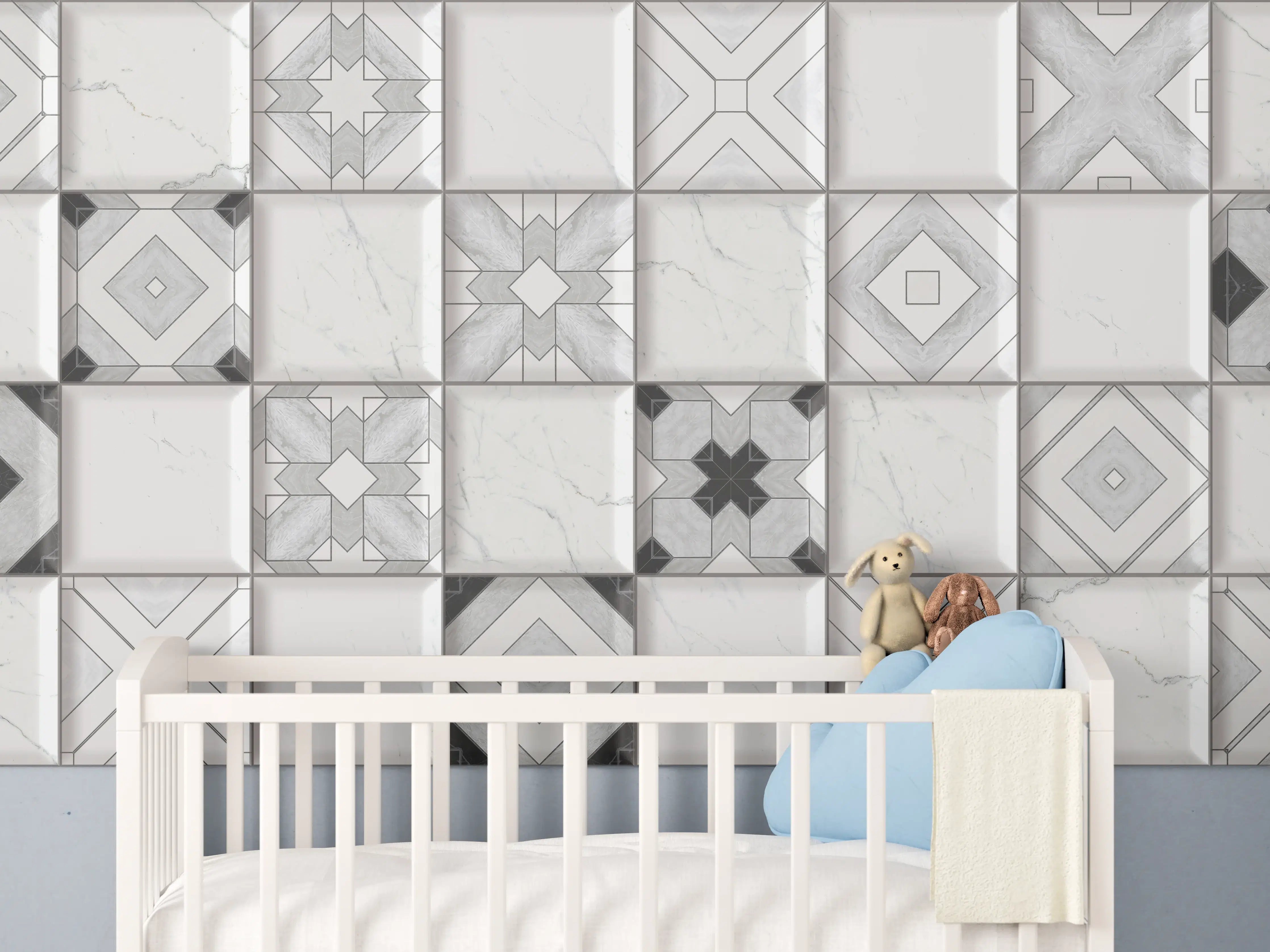 Babyzimmer Wandgestaltung - Geometrische Weiß-Grau Wandfliesen