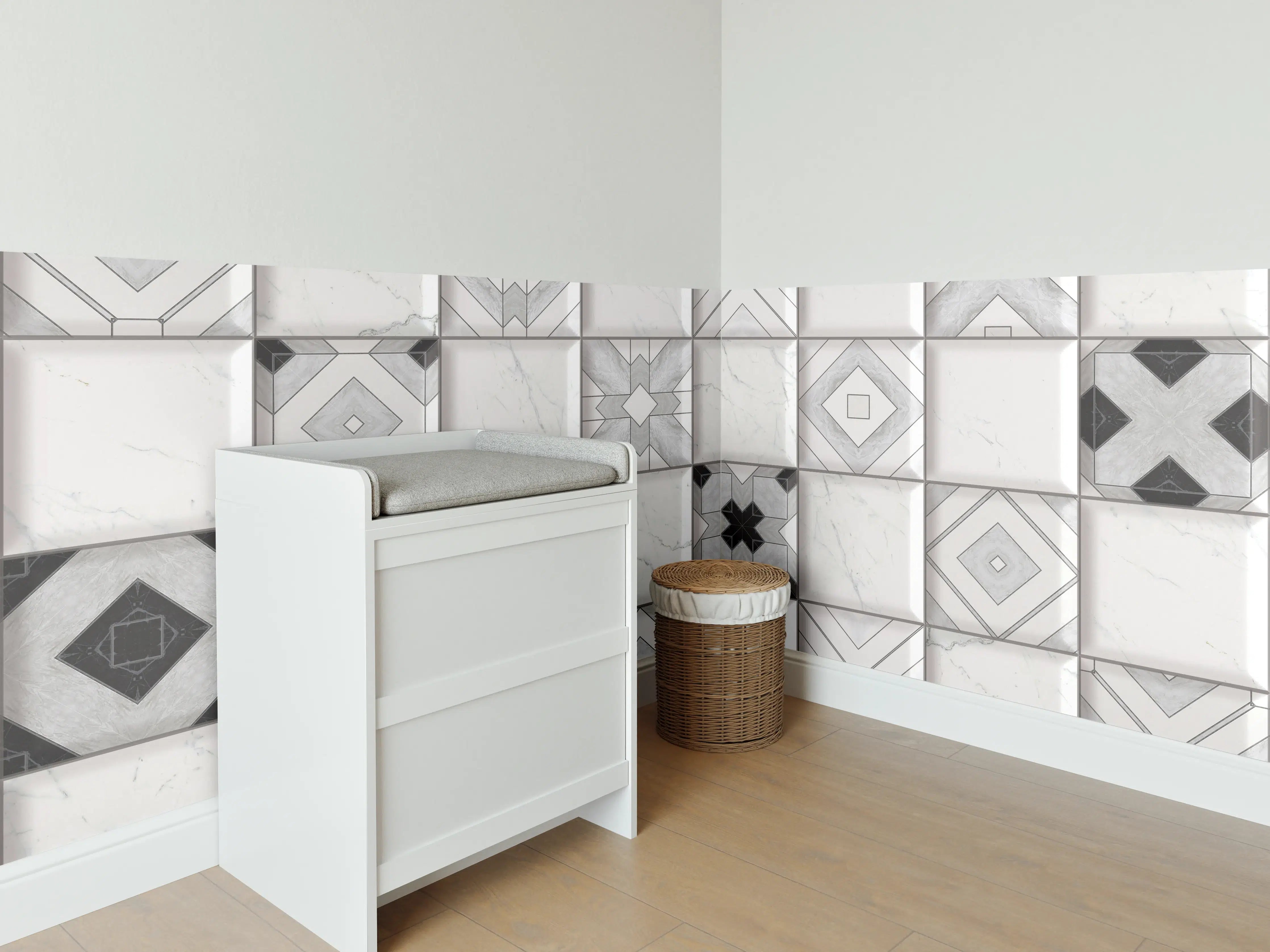 Babyzimmer Wandgestaltung - Geometrische Weiß-Grau Wandfliesen