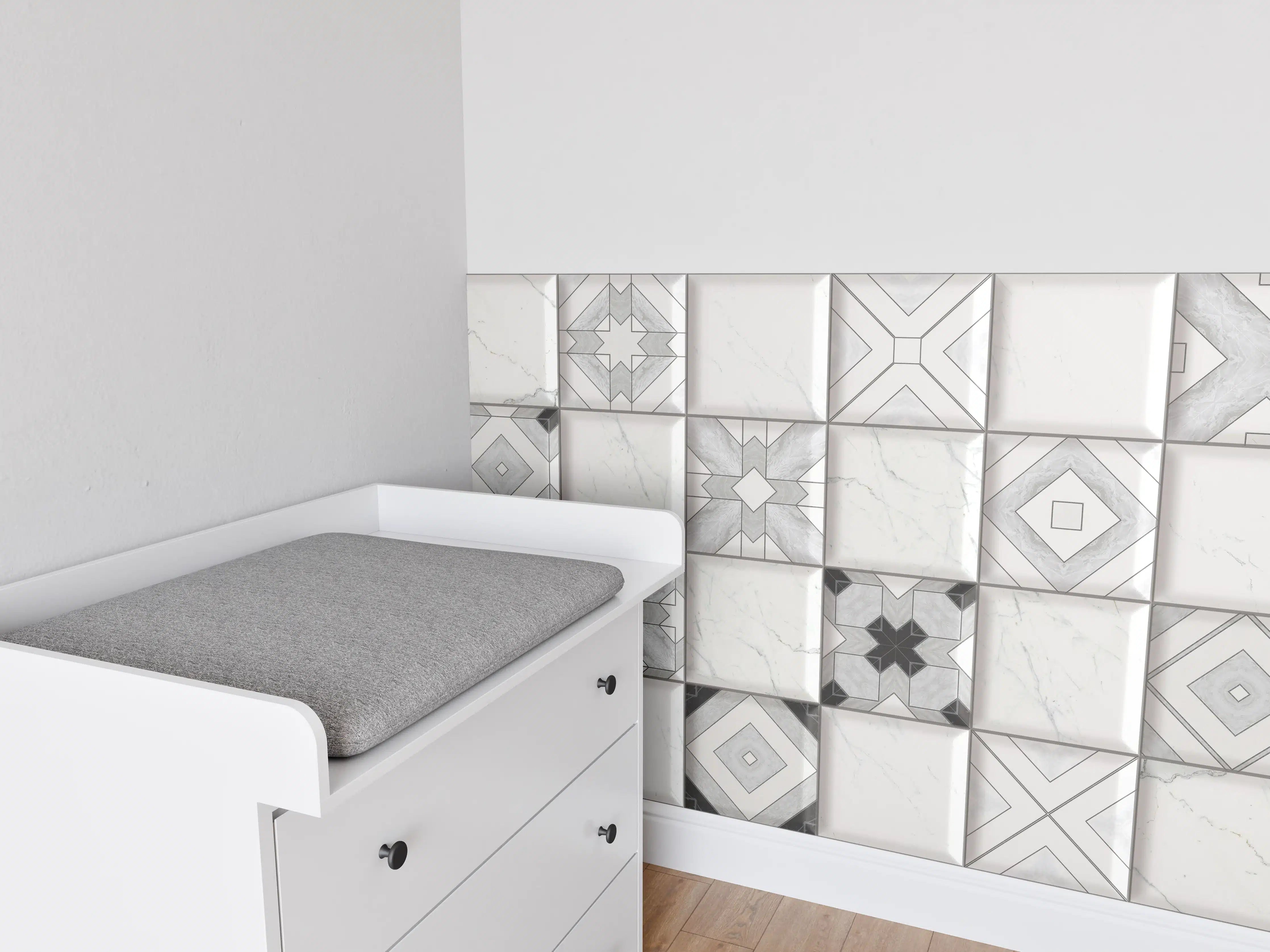 Babyzimmer Wandgestaltung - Geometrische Weiß-Grau Wandfliesen