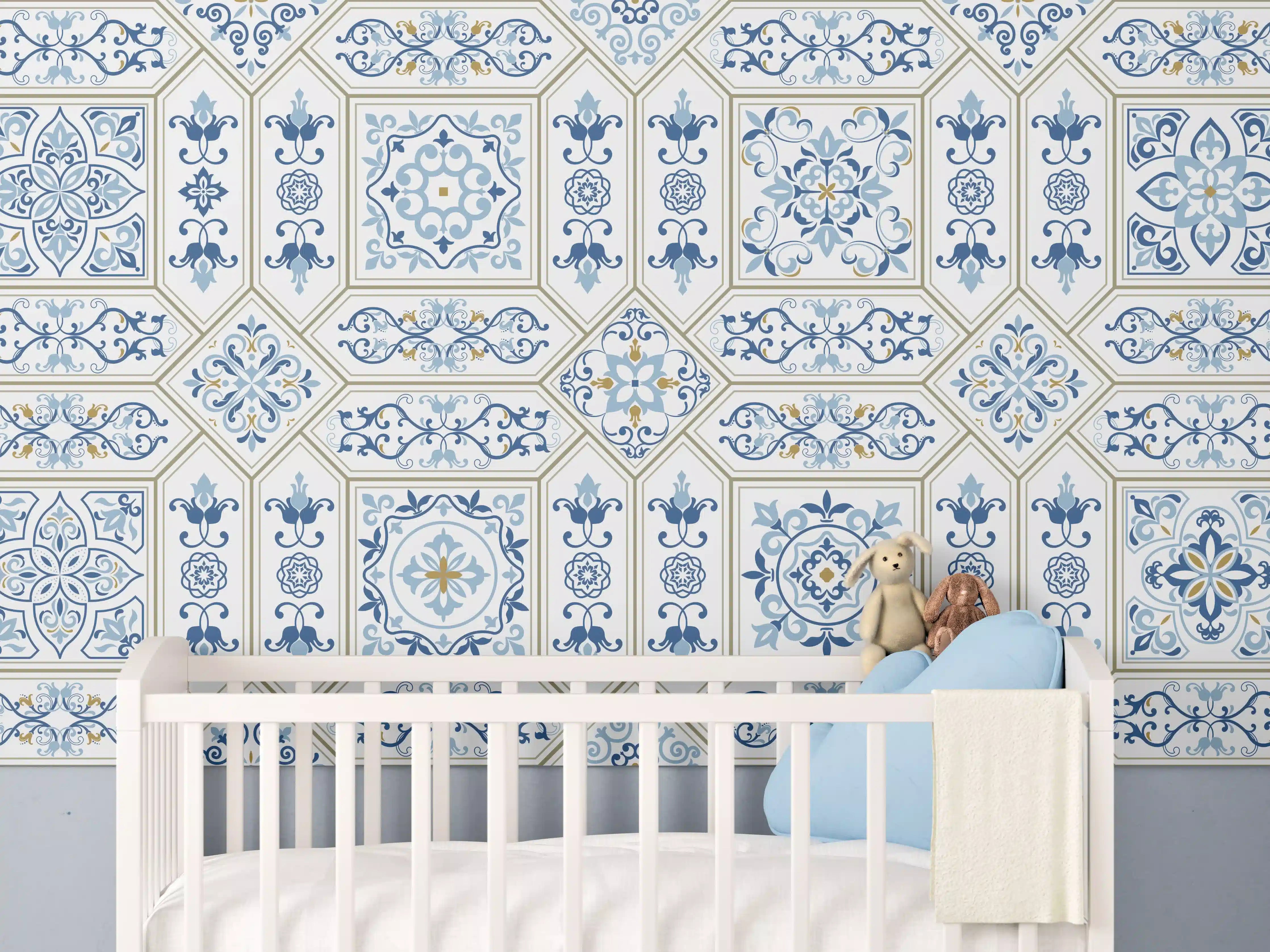 Babyzimmer Wandgestaltung - Geometrisches Blau-Weiß-Muster