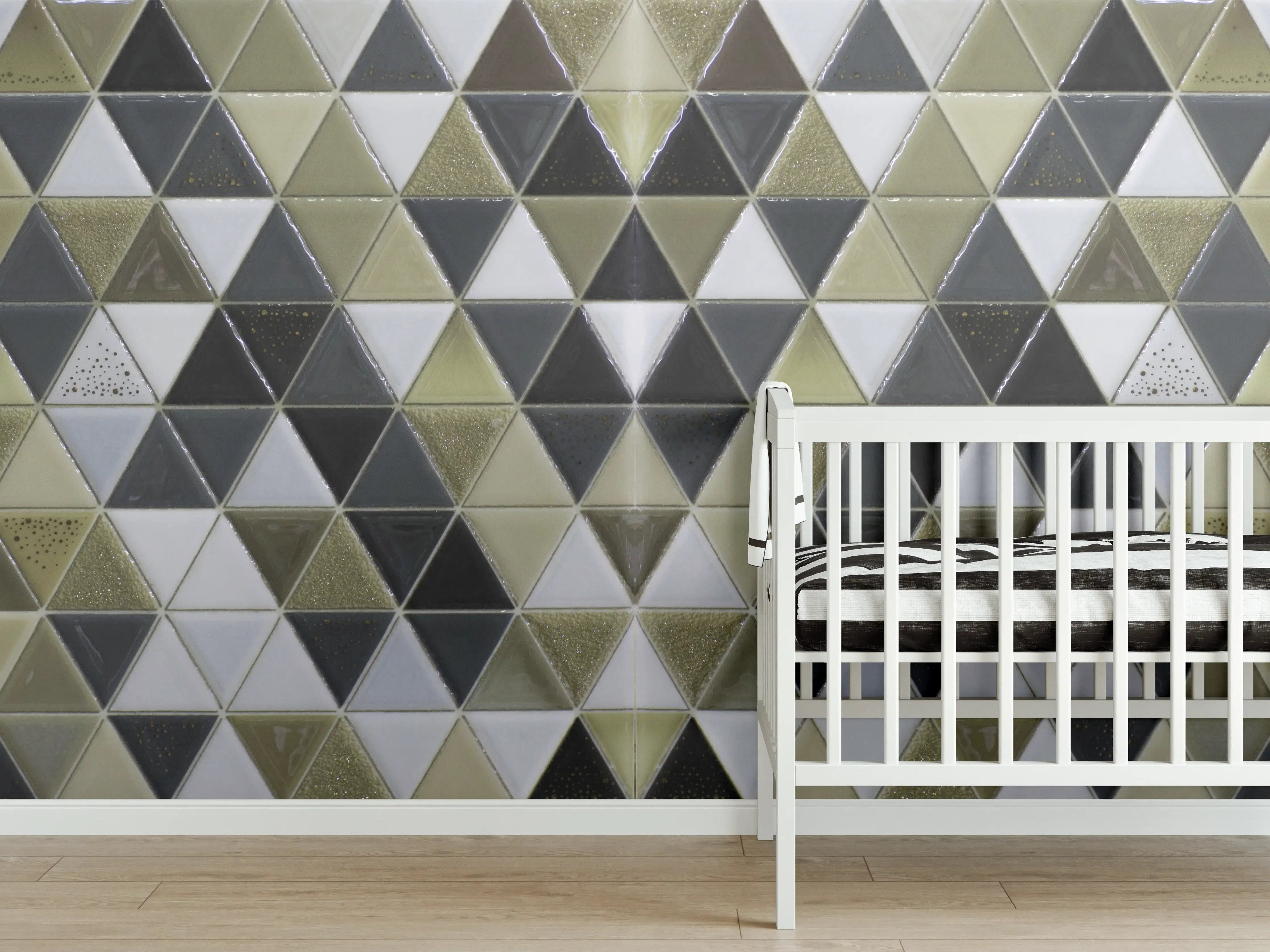 Babyzimmer Wandgestaltung - Geometrisches Fliesenmuster Schwarz Weiß Gold