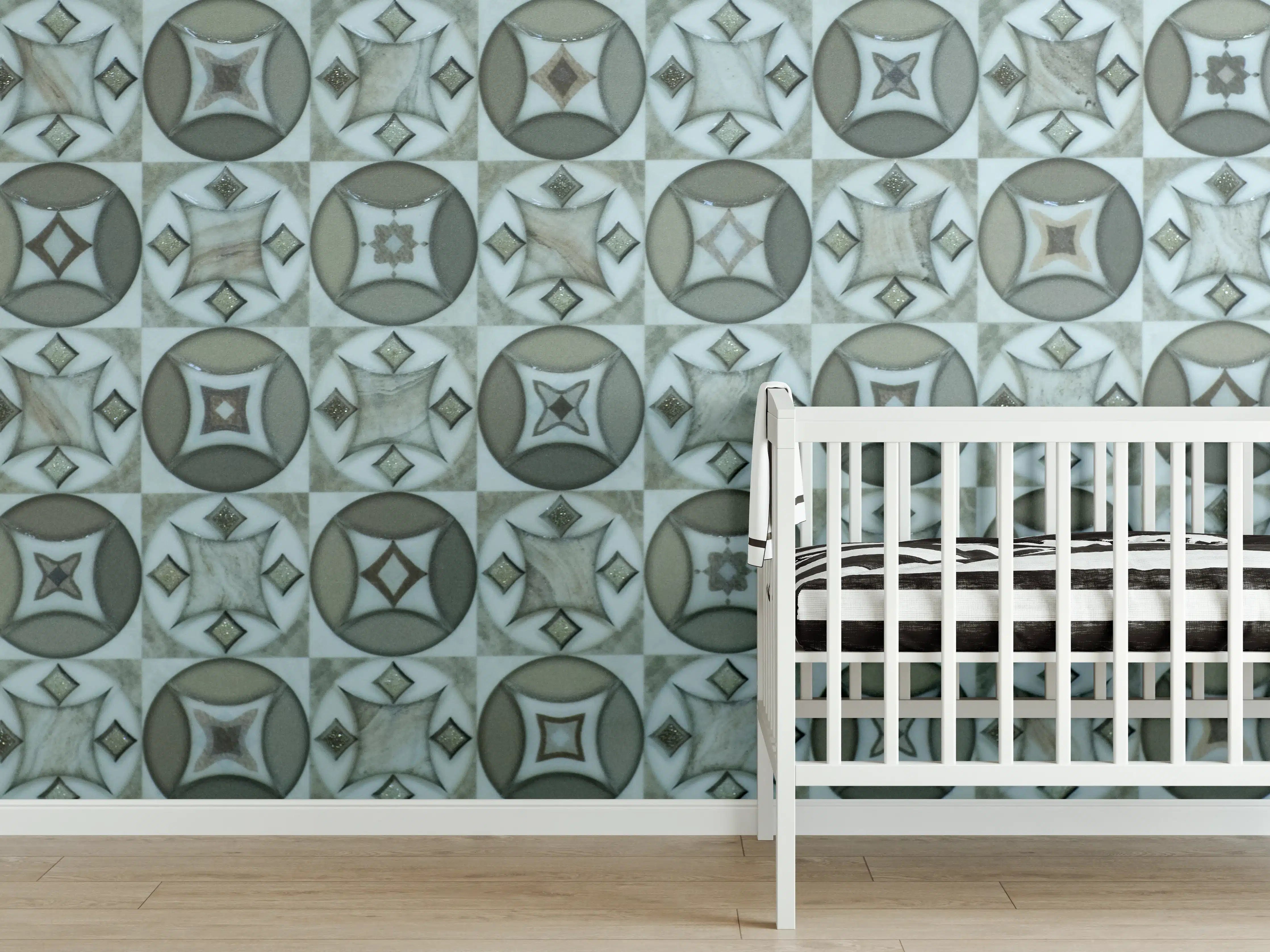Babyzimmer Wandgestaltung - Geometrisches Fliesenmuster in Blau und Grau