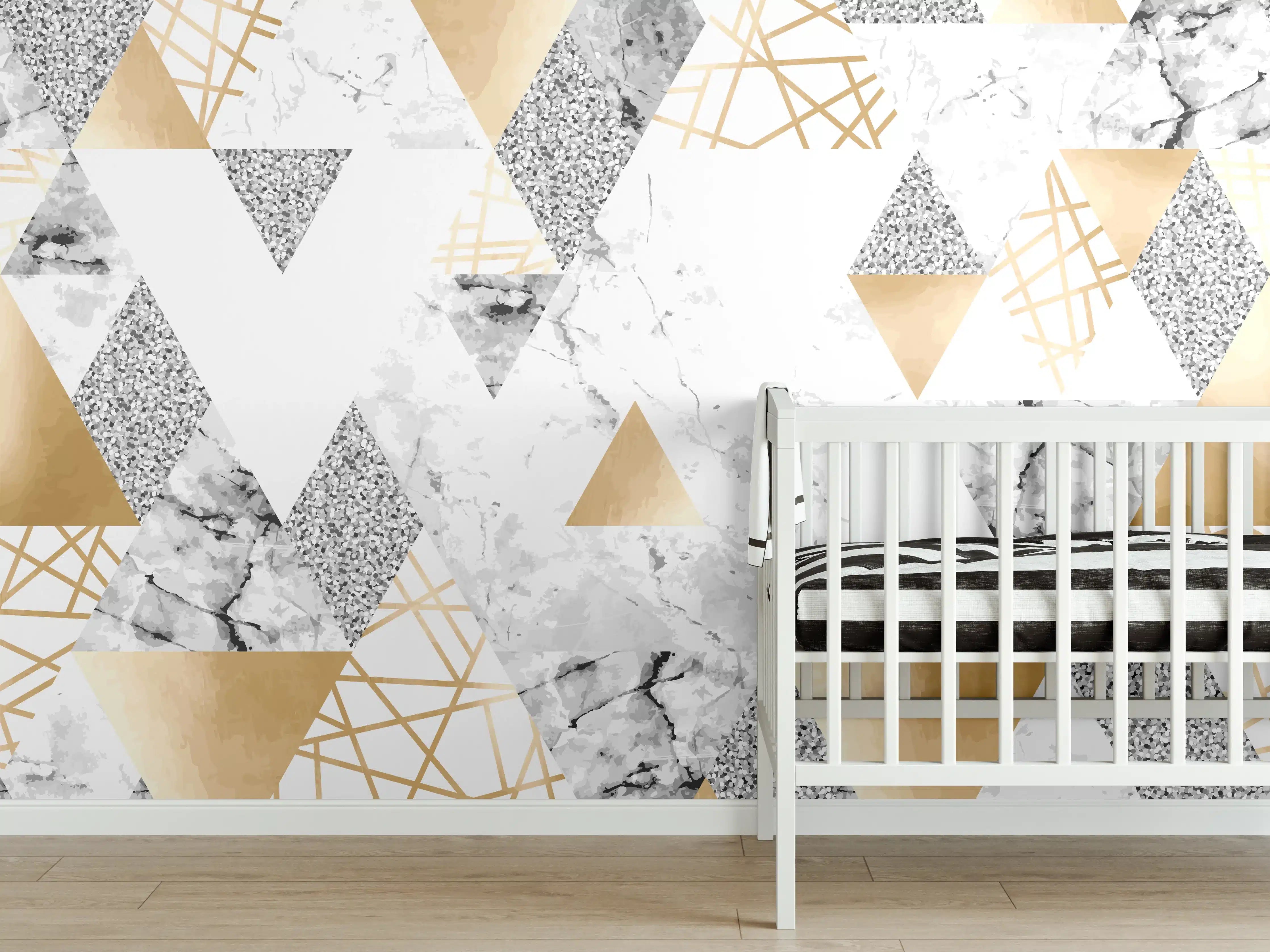 Babyzimmer Wandgestaltung - Geometrisches Muster Gold Weiß Grau