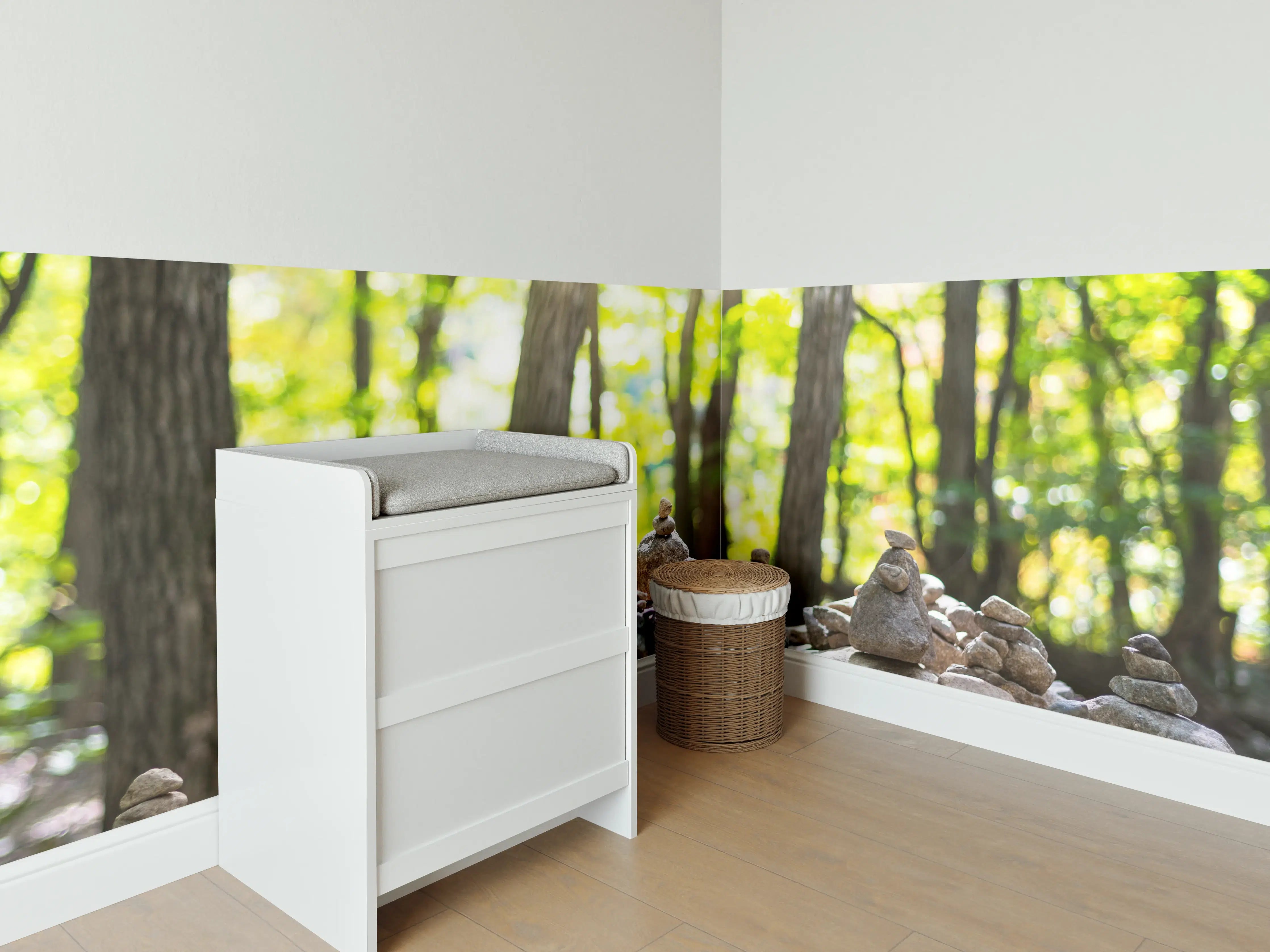 Babyzimmer Wandgestaltung - Gestapelte Steine mit Waldhintergrund
