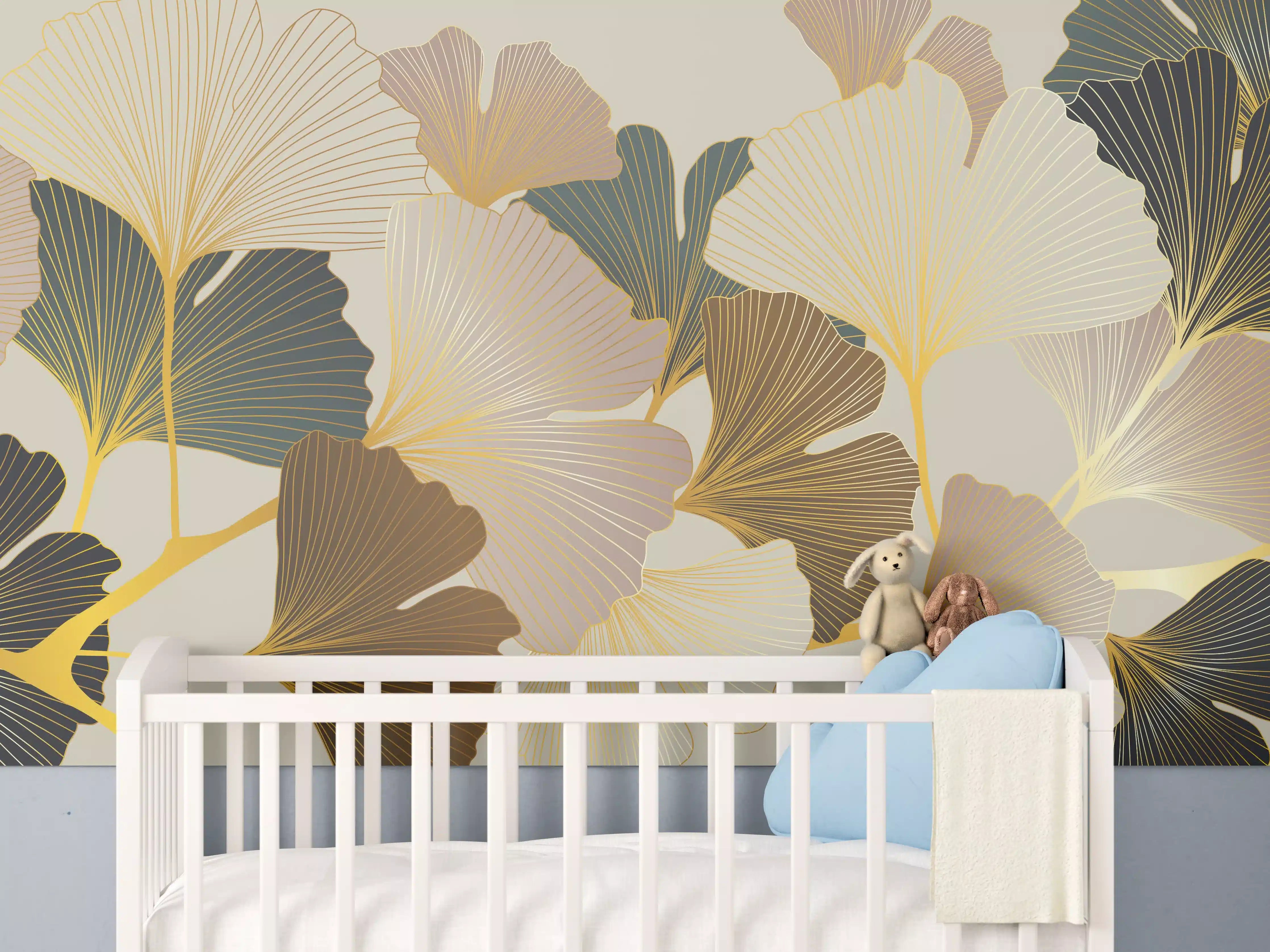 Babyzimmer Wandgestaltung - Ginkgo Blätter Design Beige