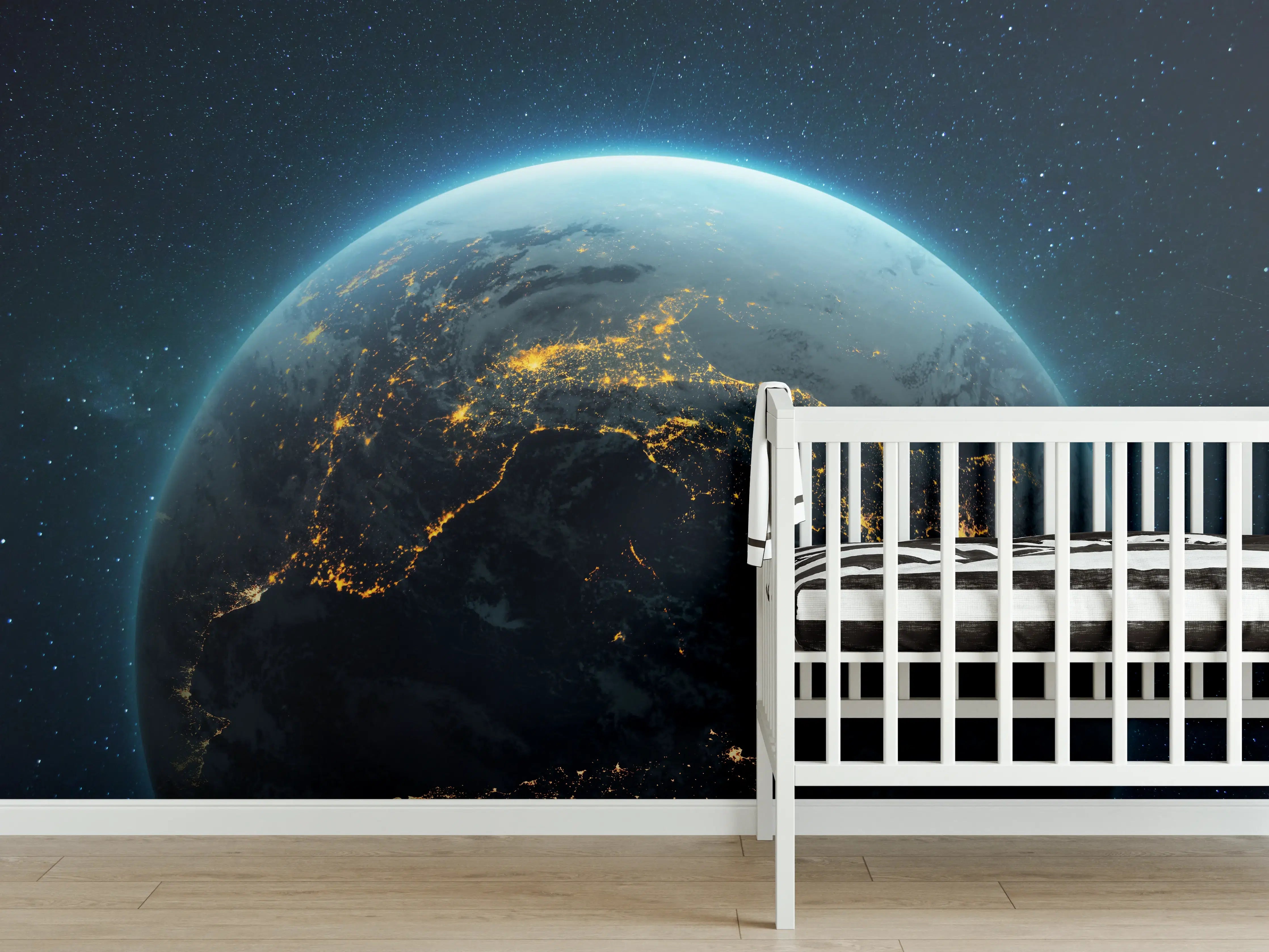 Babyzimmer Wandgestaltung - Globus mit nächtlichen gelben Lichtern der Megastädte