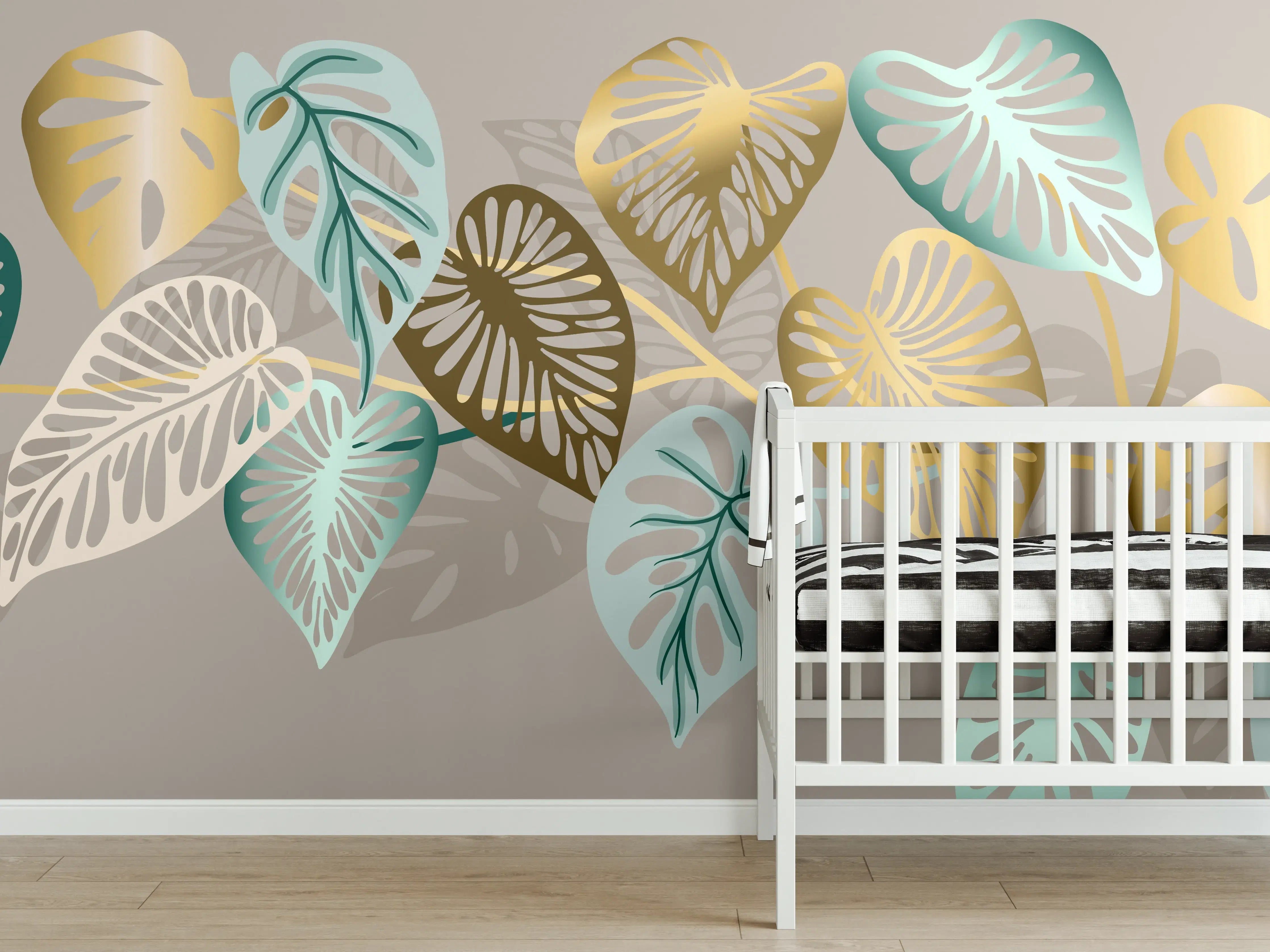 Babyzimmer Wandgestaltung - Gold-Beige Blätter-Muster-Dekor