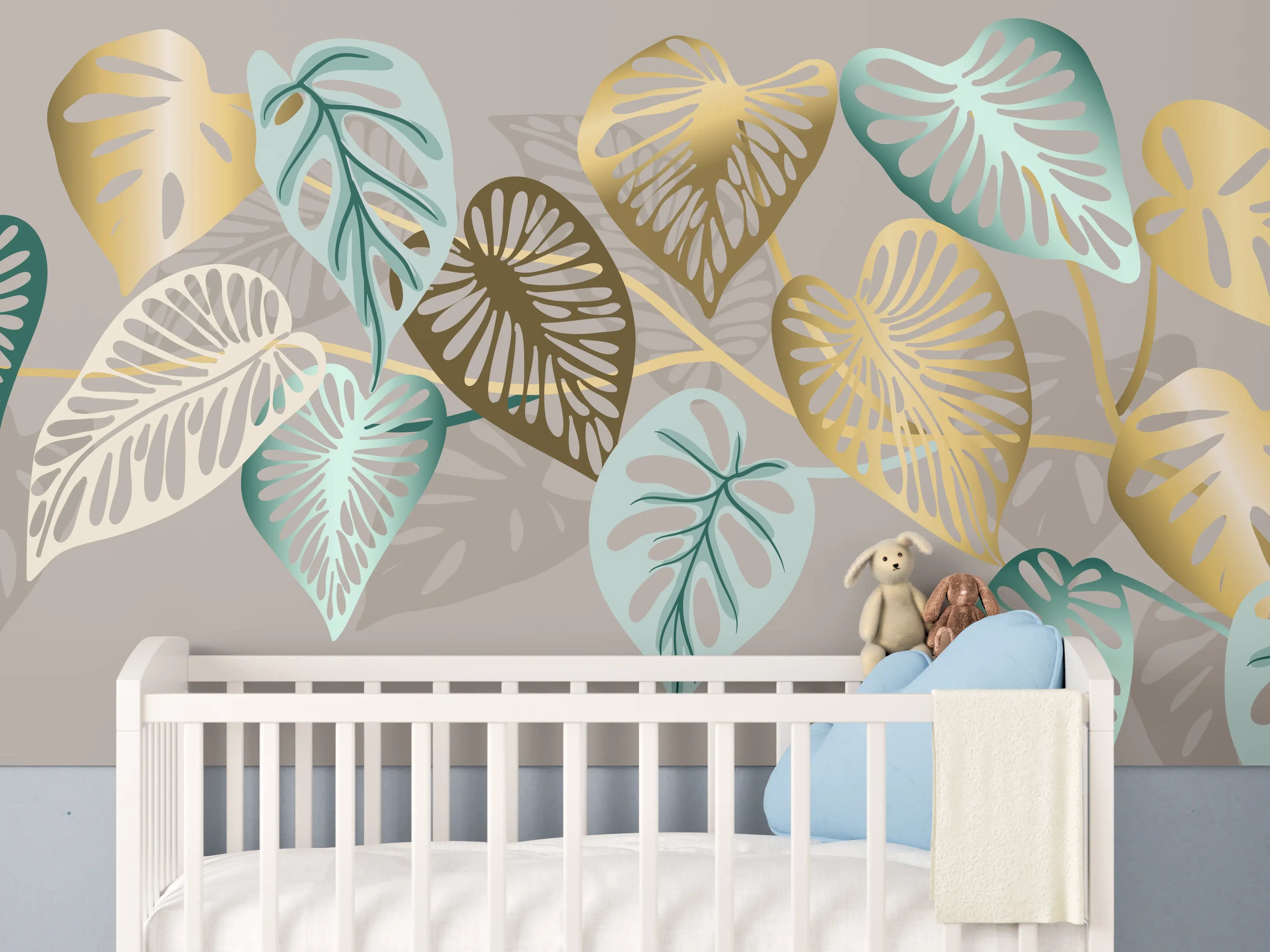 Babyzimmer Wandgestaltung - Gold-Beige Blätter-Muster-Dekor