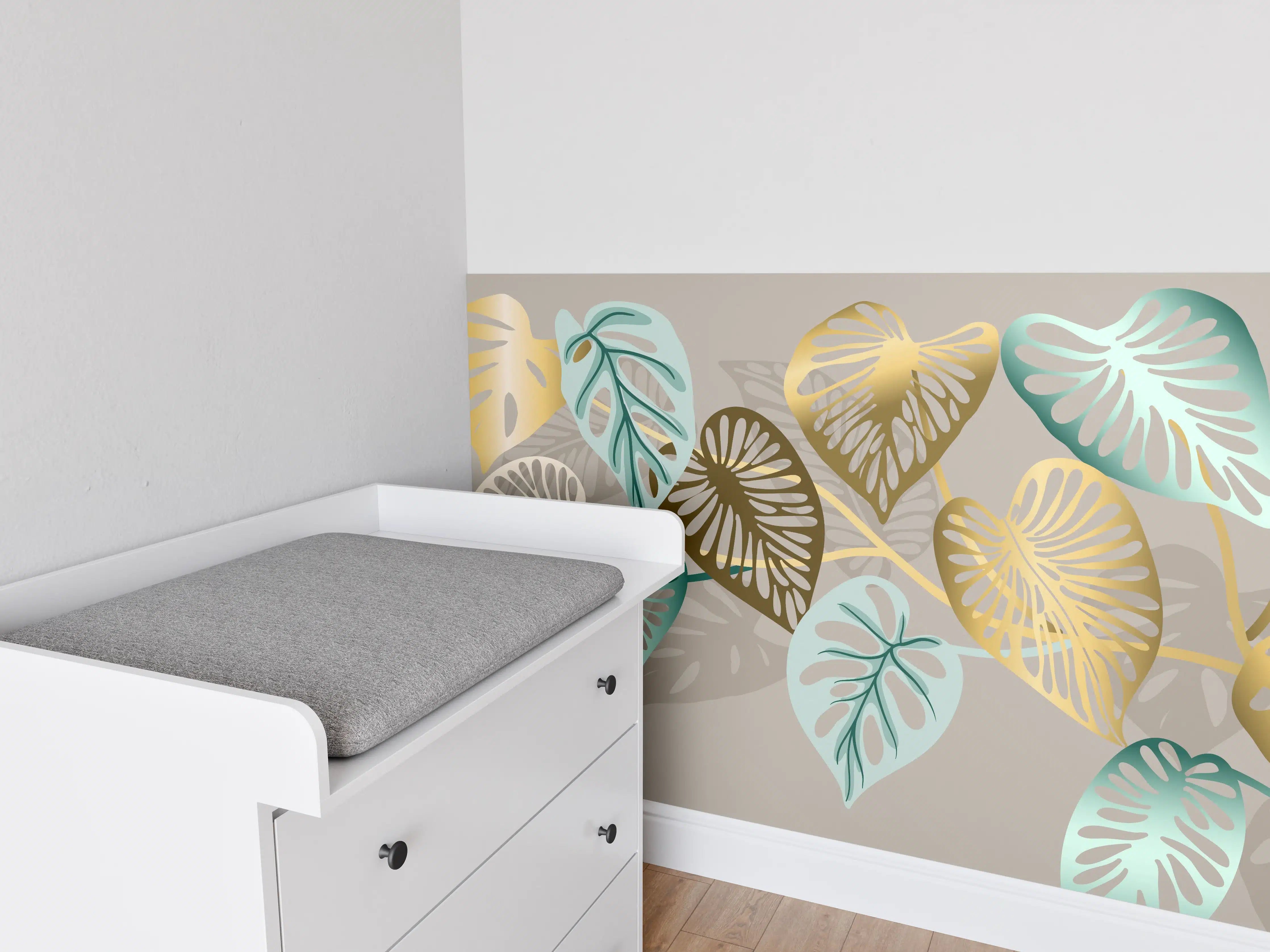 Babyzimmer Wandgestaltung - Gold-Beige Blätter-Muster-Dekor