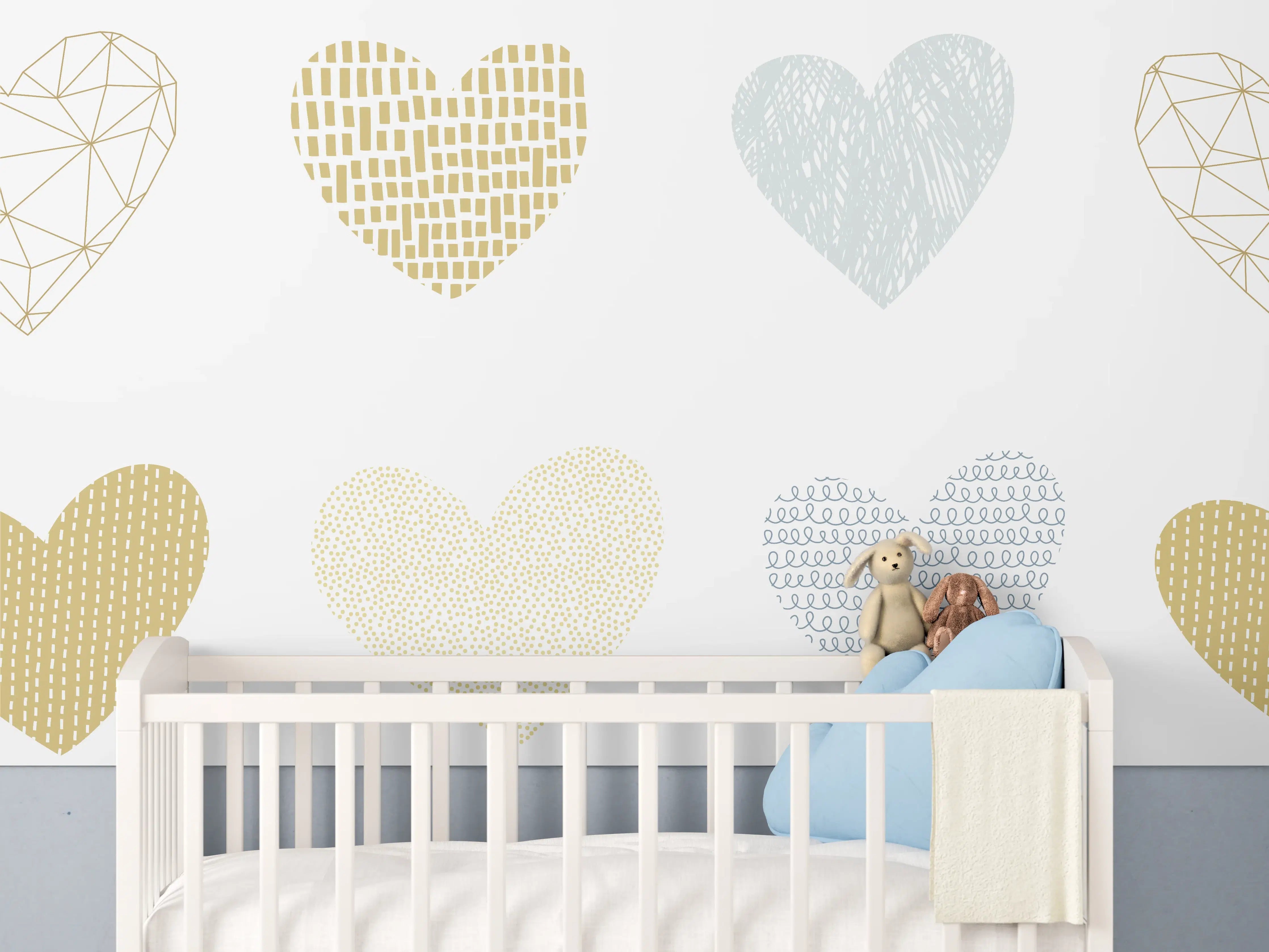 Babyzimmer Wandgestaltung - Gold-Grau Herz-Muster Design