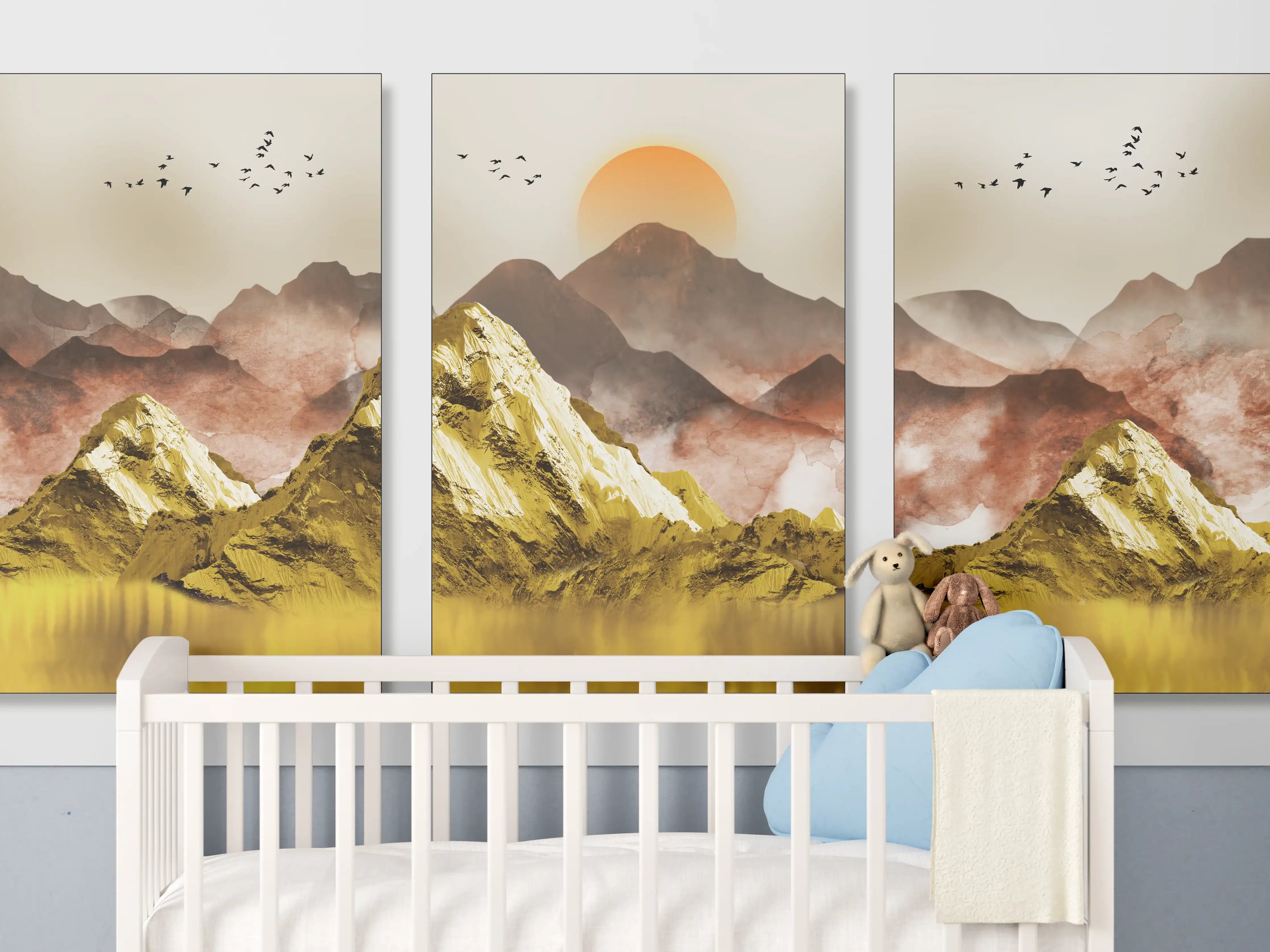 Babyzimmer Wandgestaltung - Goldene Berglandschaft mit Sonnenaufgang