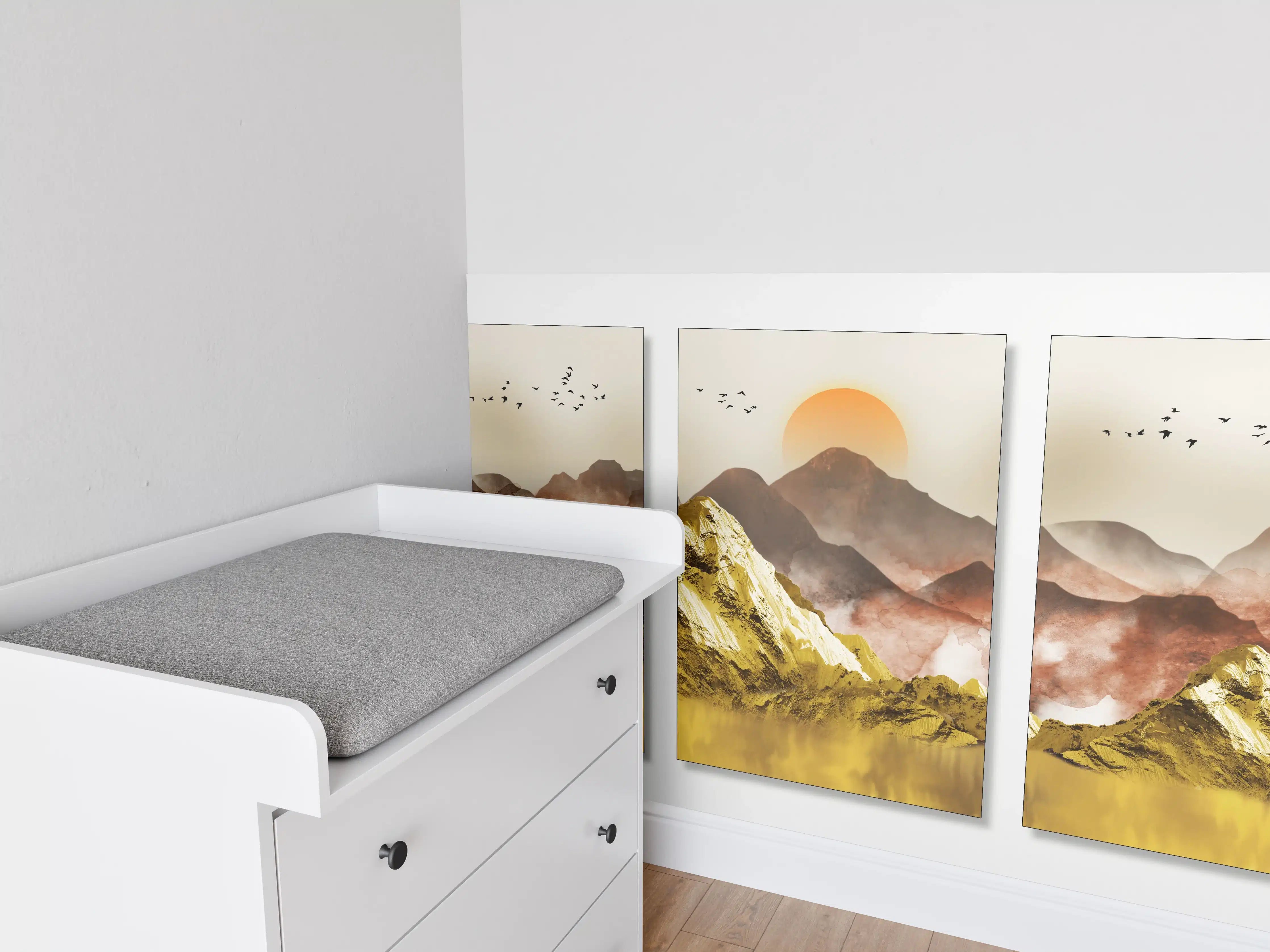 Babyzimmer Wandgestaltung - Goldene Berglandschaft mit Sonnenaufgang