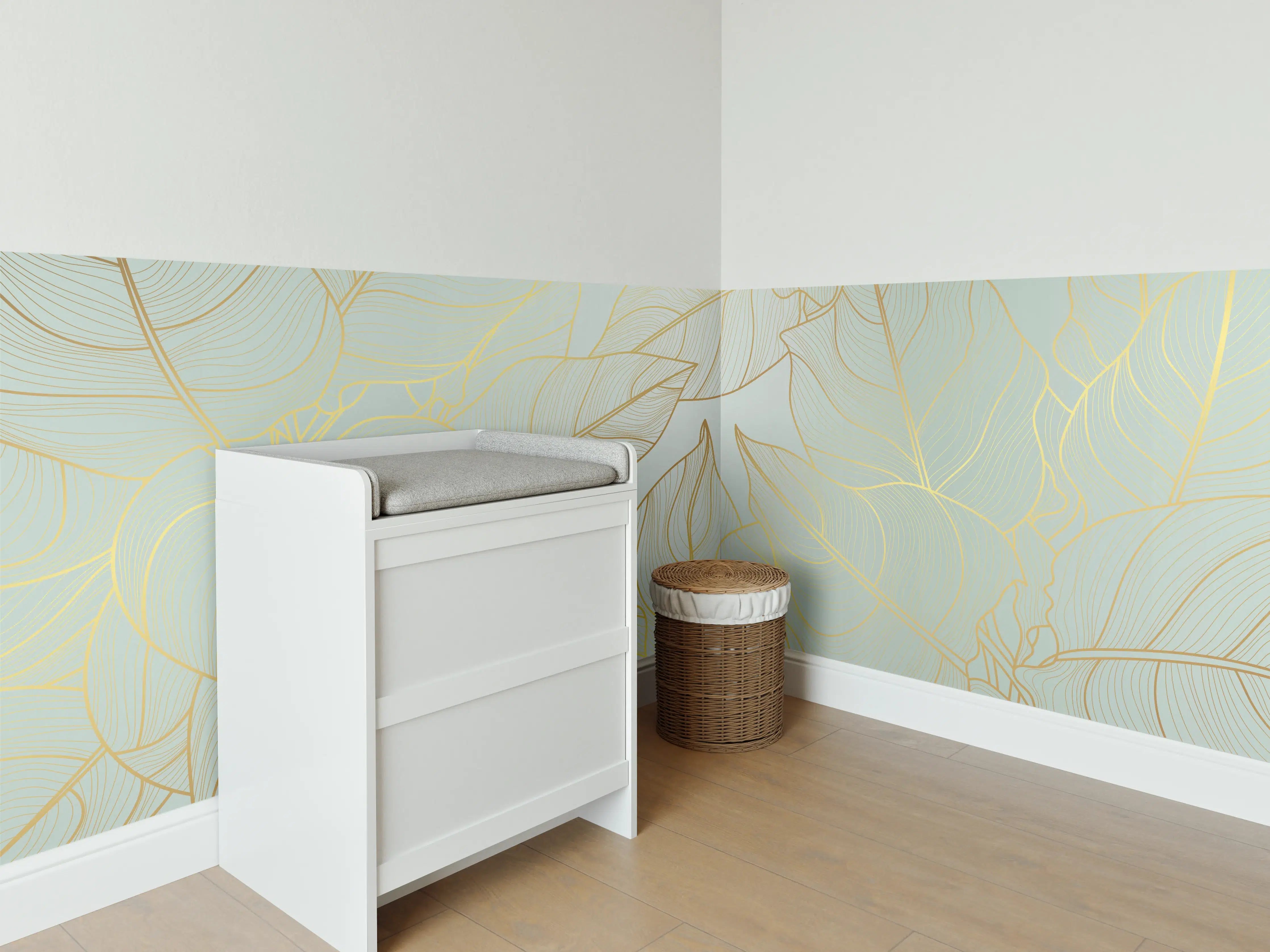 Babyzimmer Wandgestaltung - Goldene Blätter auf Hellgelb