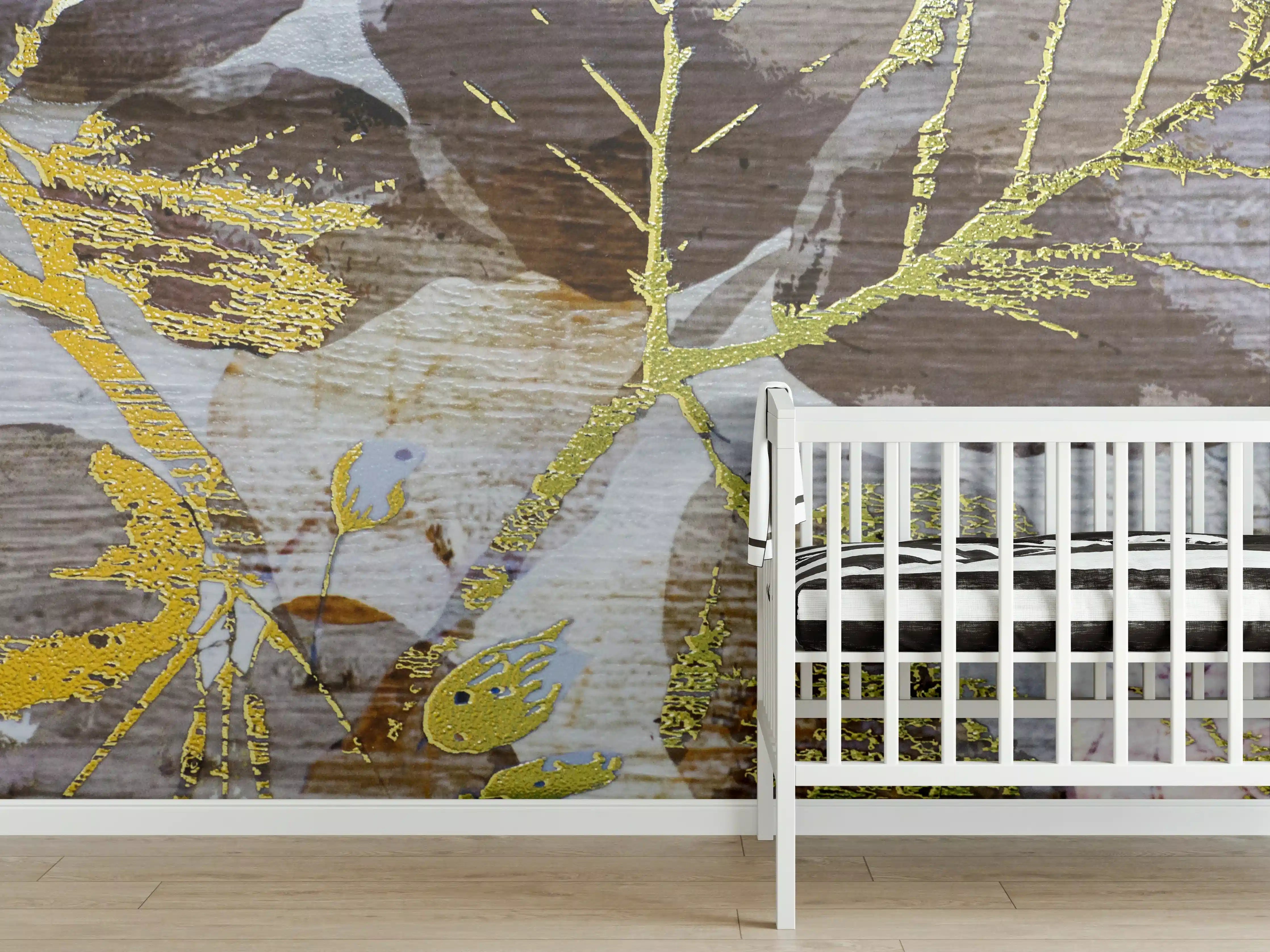 Babyzimmer Wandgestaltung - Goldene Blattmuster auf Holzoptik