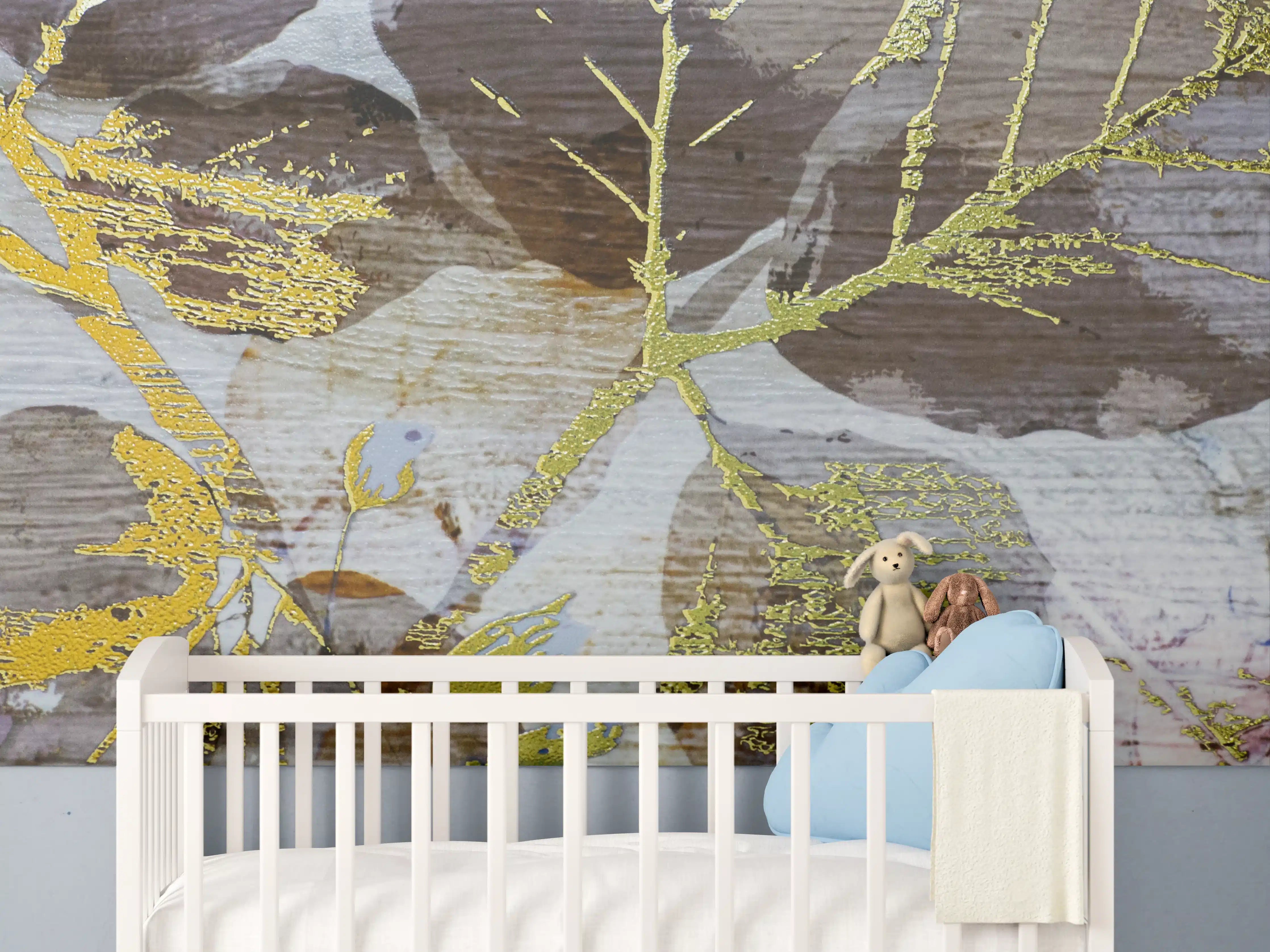 Babyzimmer Wandgestaltung - Goldene Blattmuster auf Holzoptik