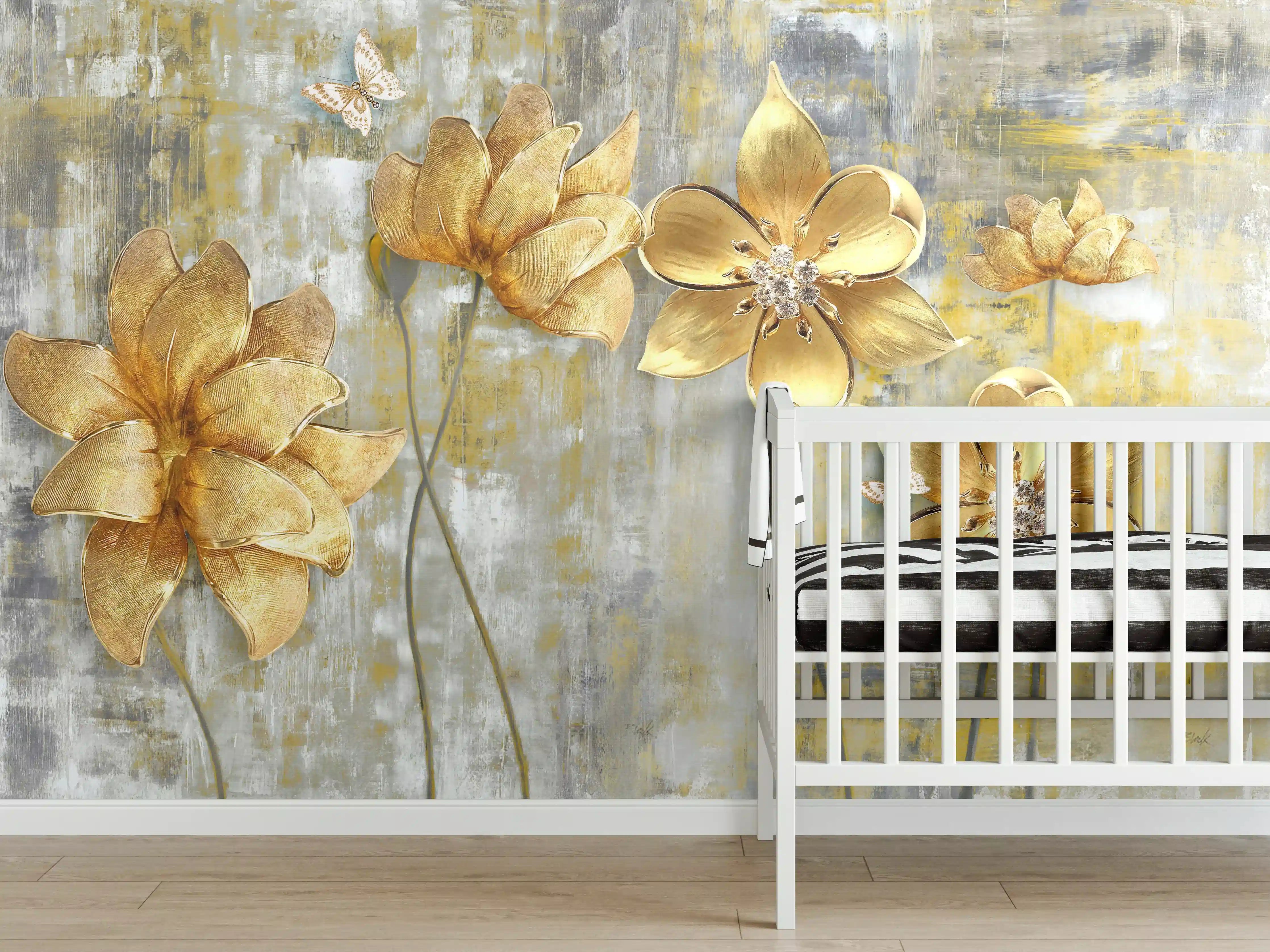 Babyzimmer Wandgestaltung - Goldene Blumen Wanddeko mit Metallic-Details