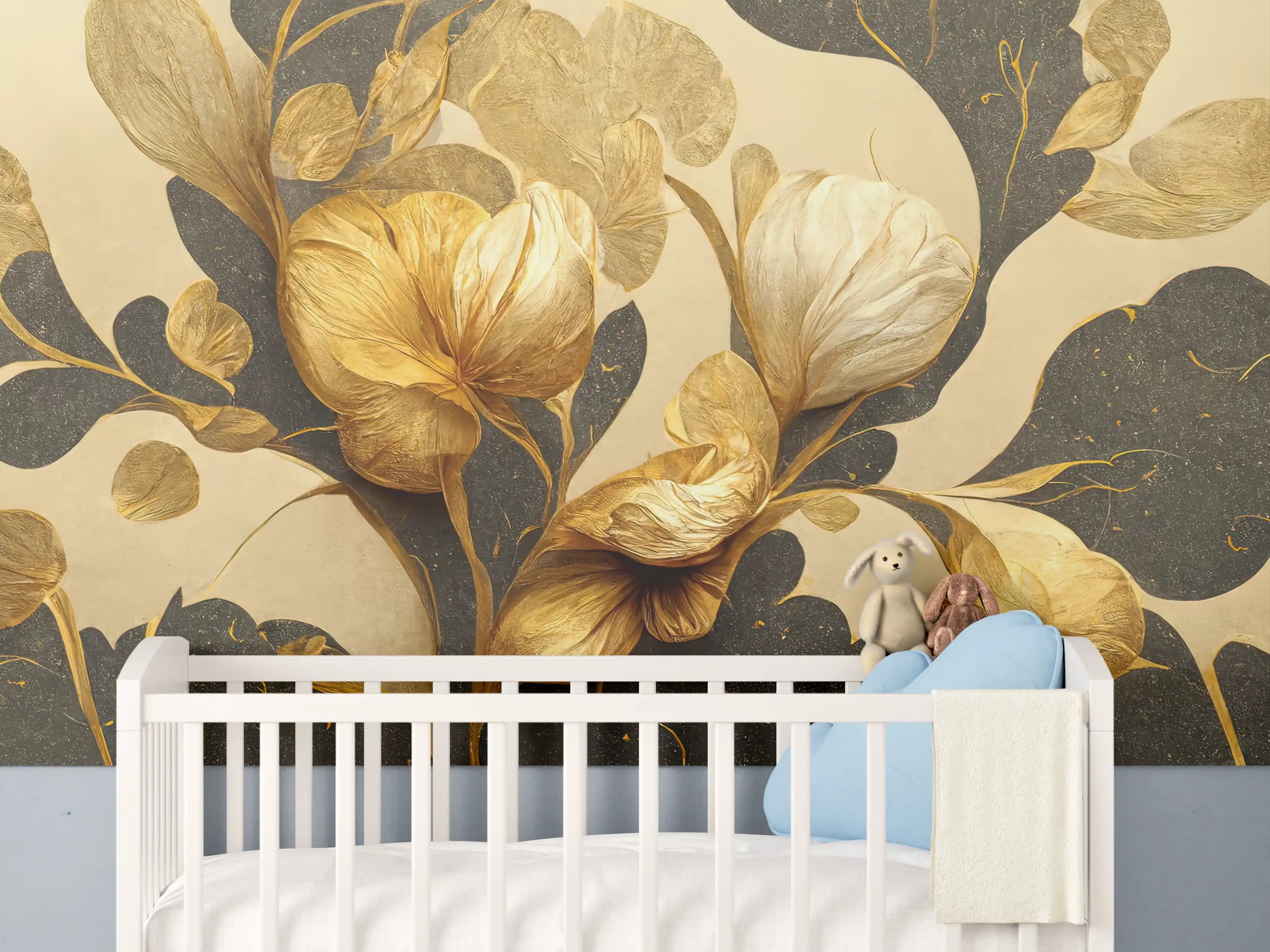 Babyzimmer Wandgestaltung - Goldene Blumenmotive auf dunklem Hintergrund