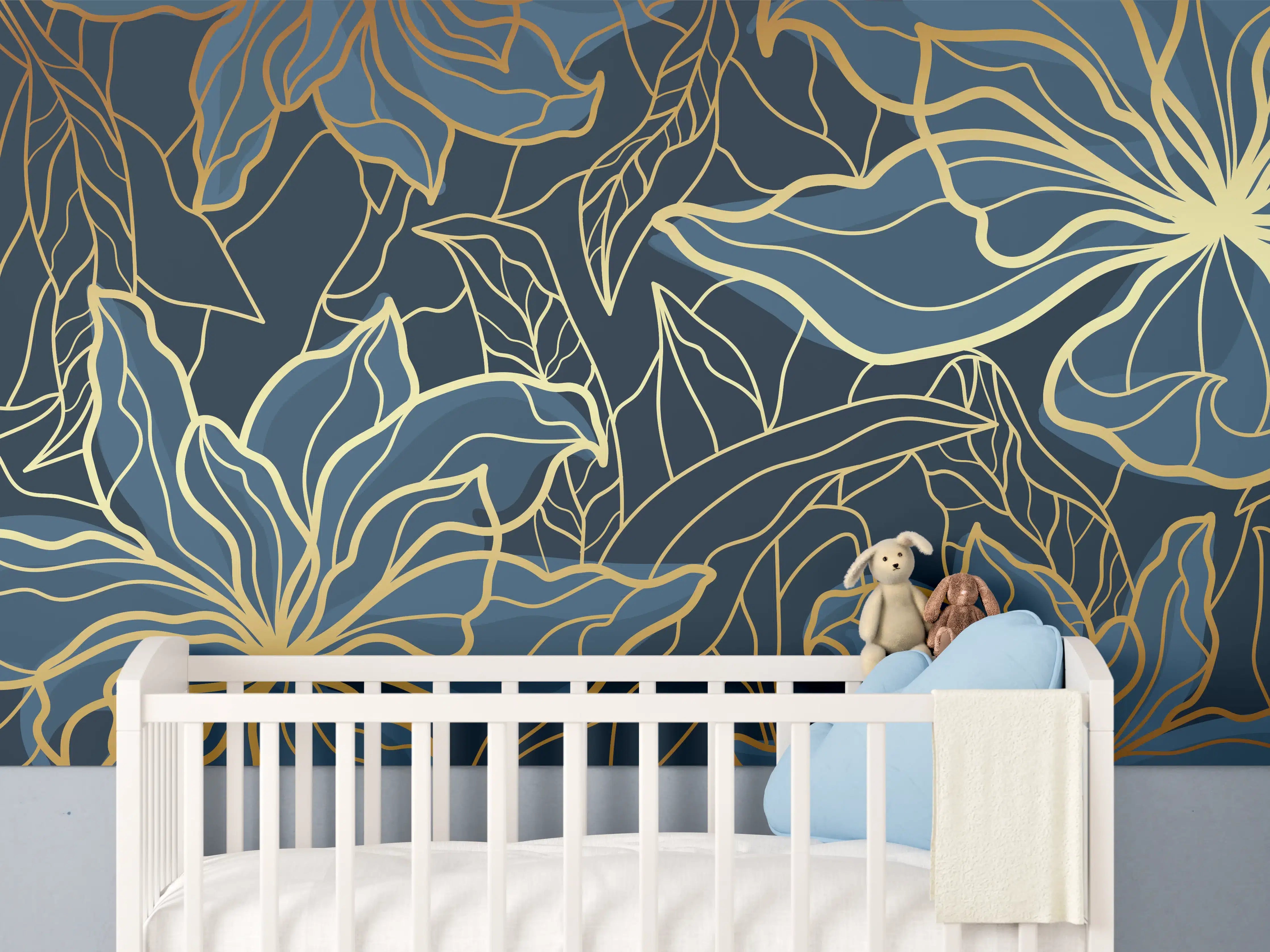 Babyzimmer Wandgestaltung - Goldene Blumenranken auf Dunkelblau