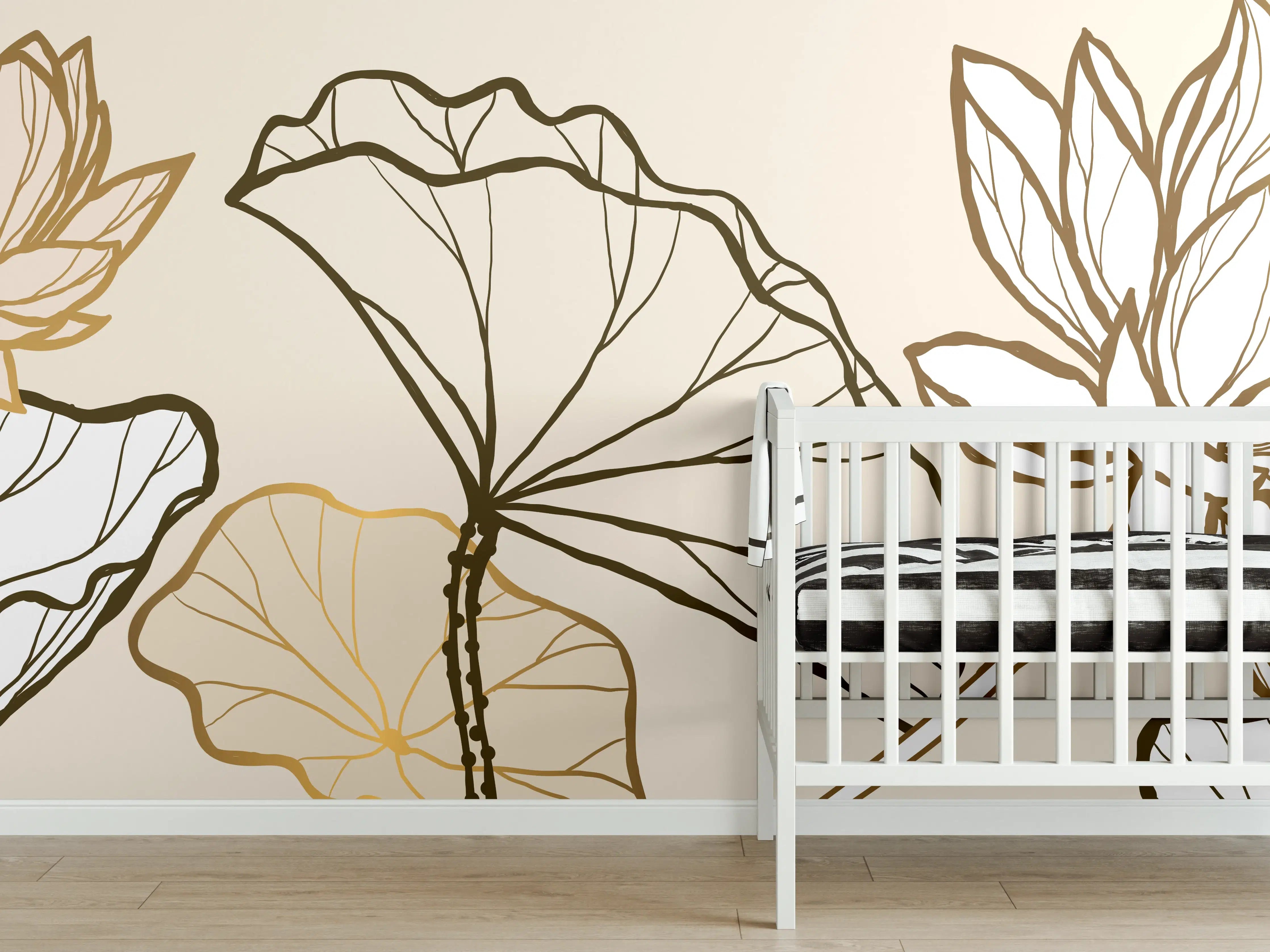 Babyzimmer Wandgestaltung - Goldene Botanik Lineart Illustration