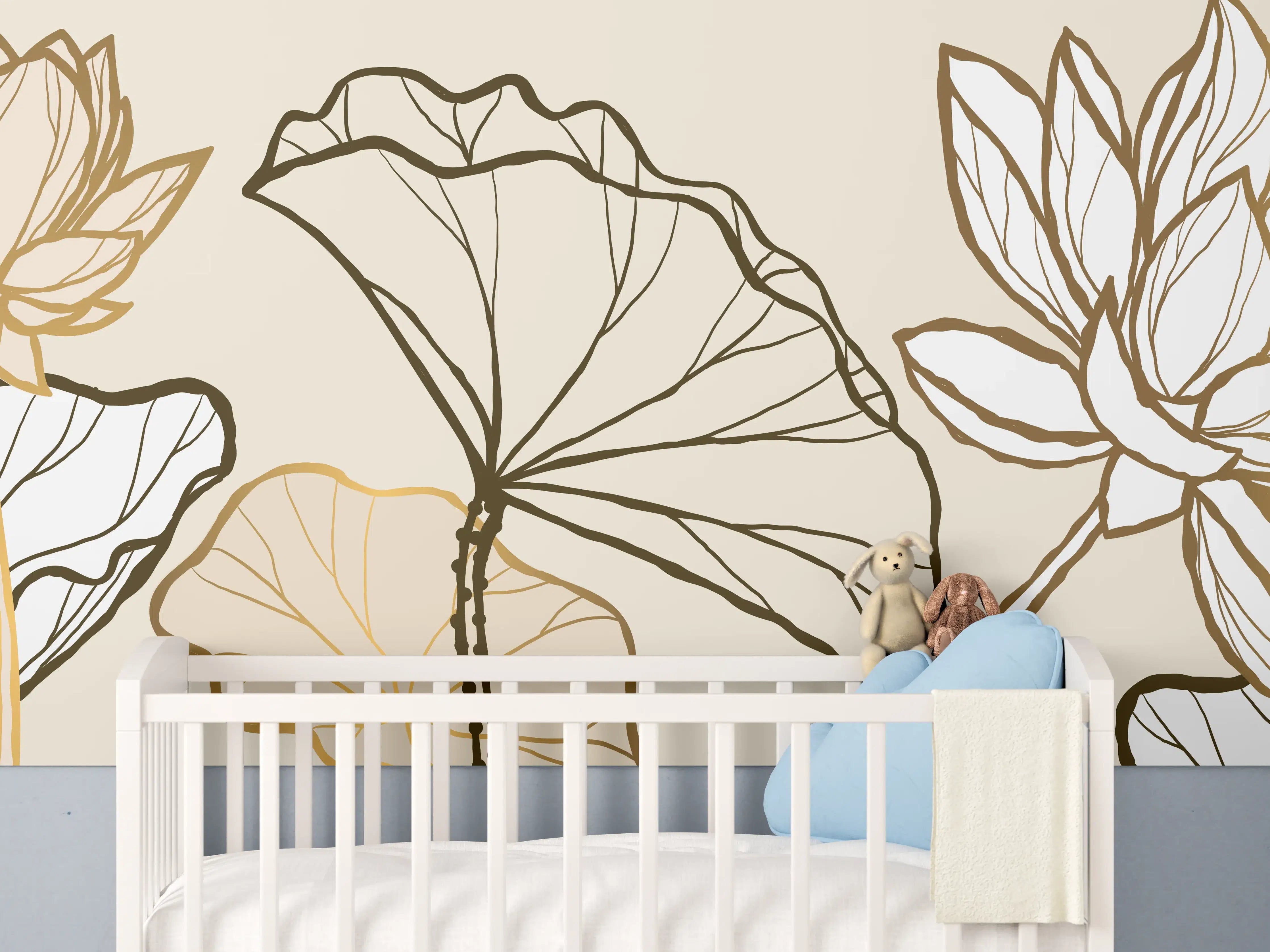 Babyzimmer Wandgestaltung - Goldene Botanik Lineart Illustration